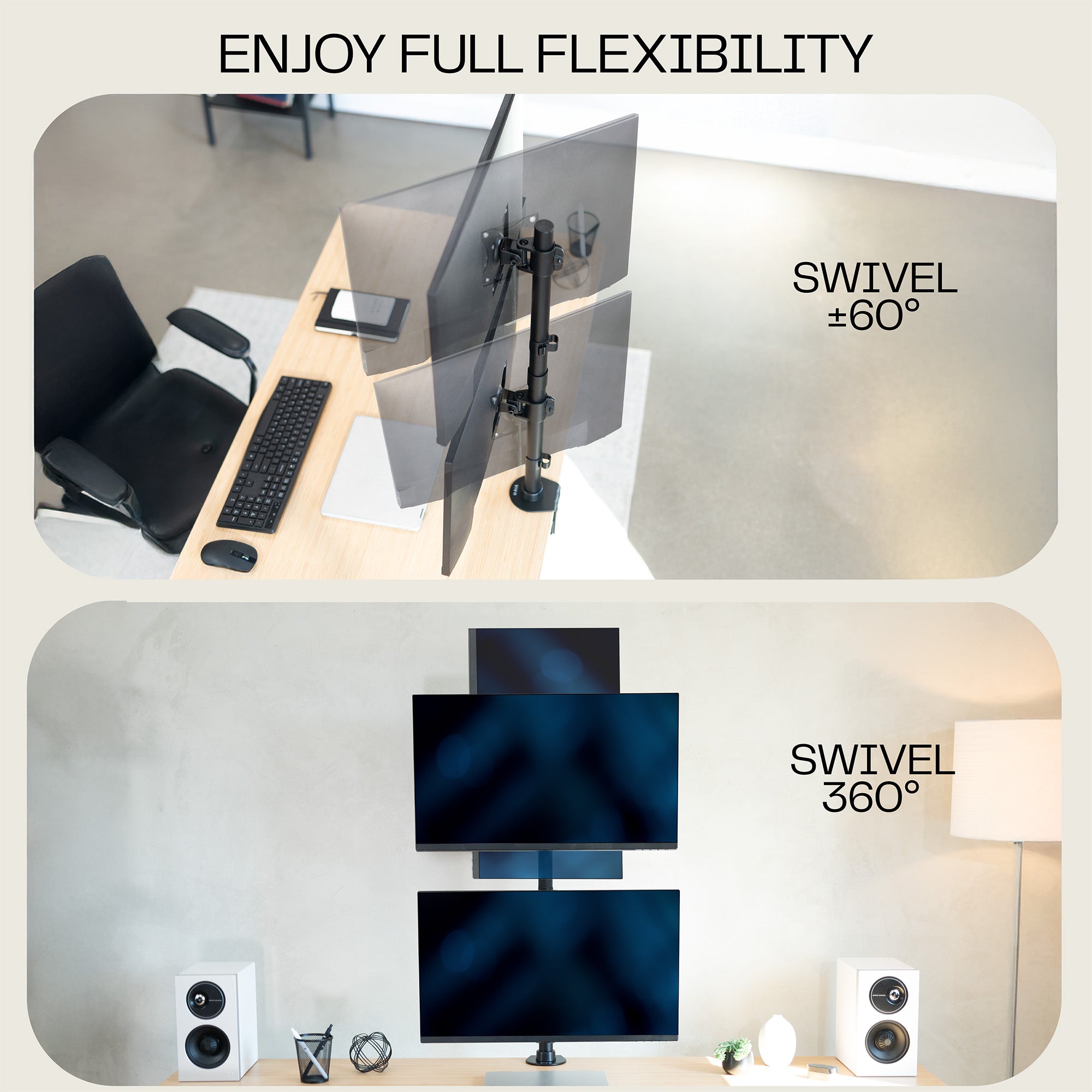 Sturdy adjustable vertical dual monitor ergonomic desk mount for office workstation.