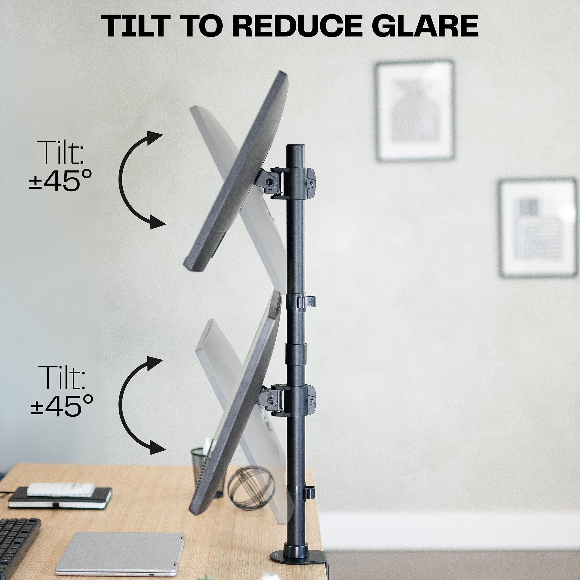 Sturdy adjustable vertical dual monitor ergonomic desk mount for office workstation.
