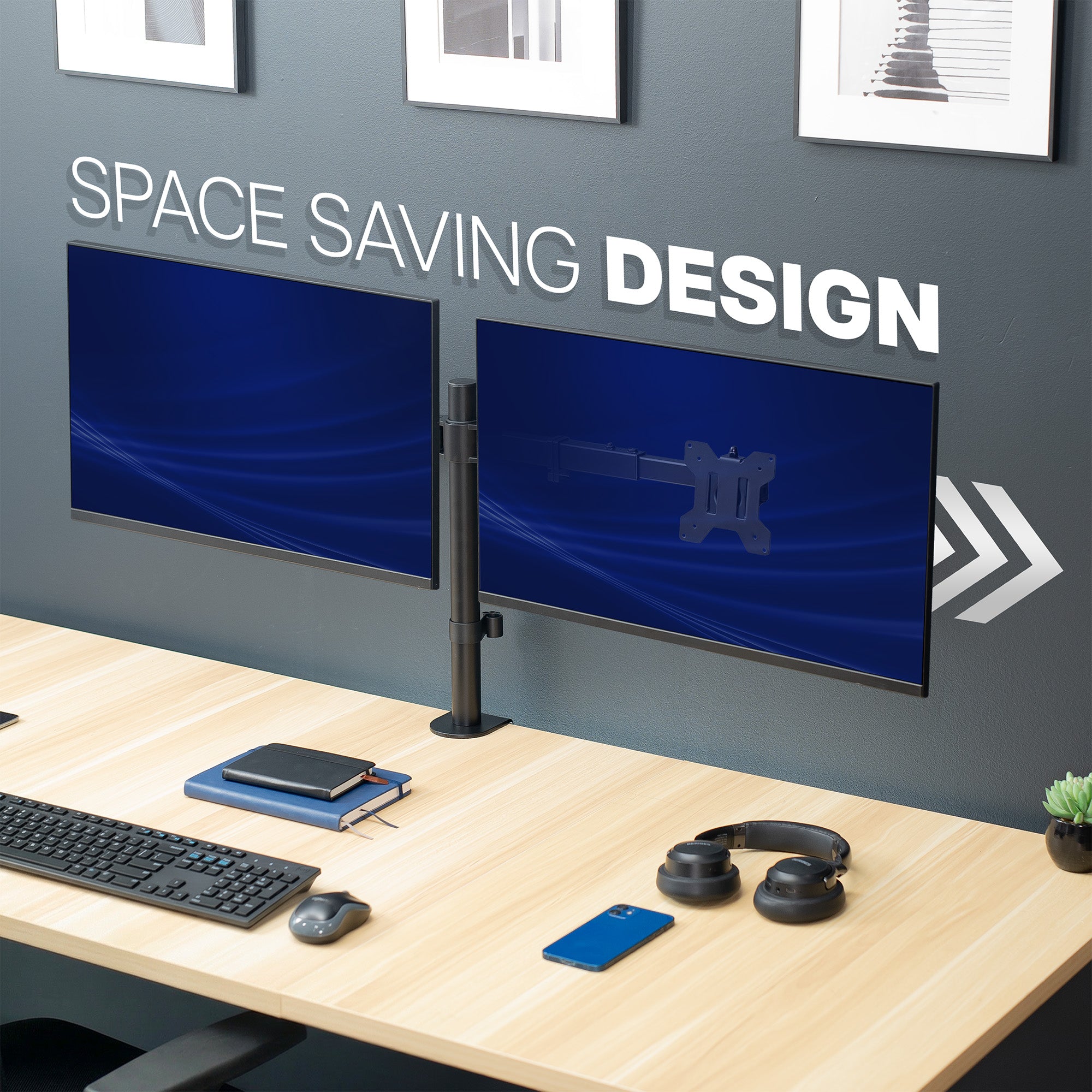 Desk setup with dual monitors, keyboard, mouse, and phone, featuring 'Space Saving Design' text.
