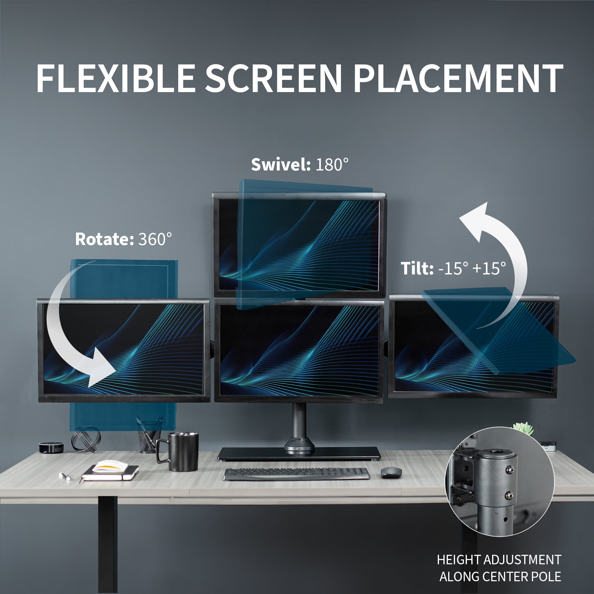 Sturdy height adjustable quad monitor desk stand.