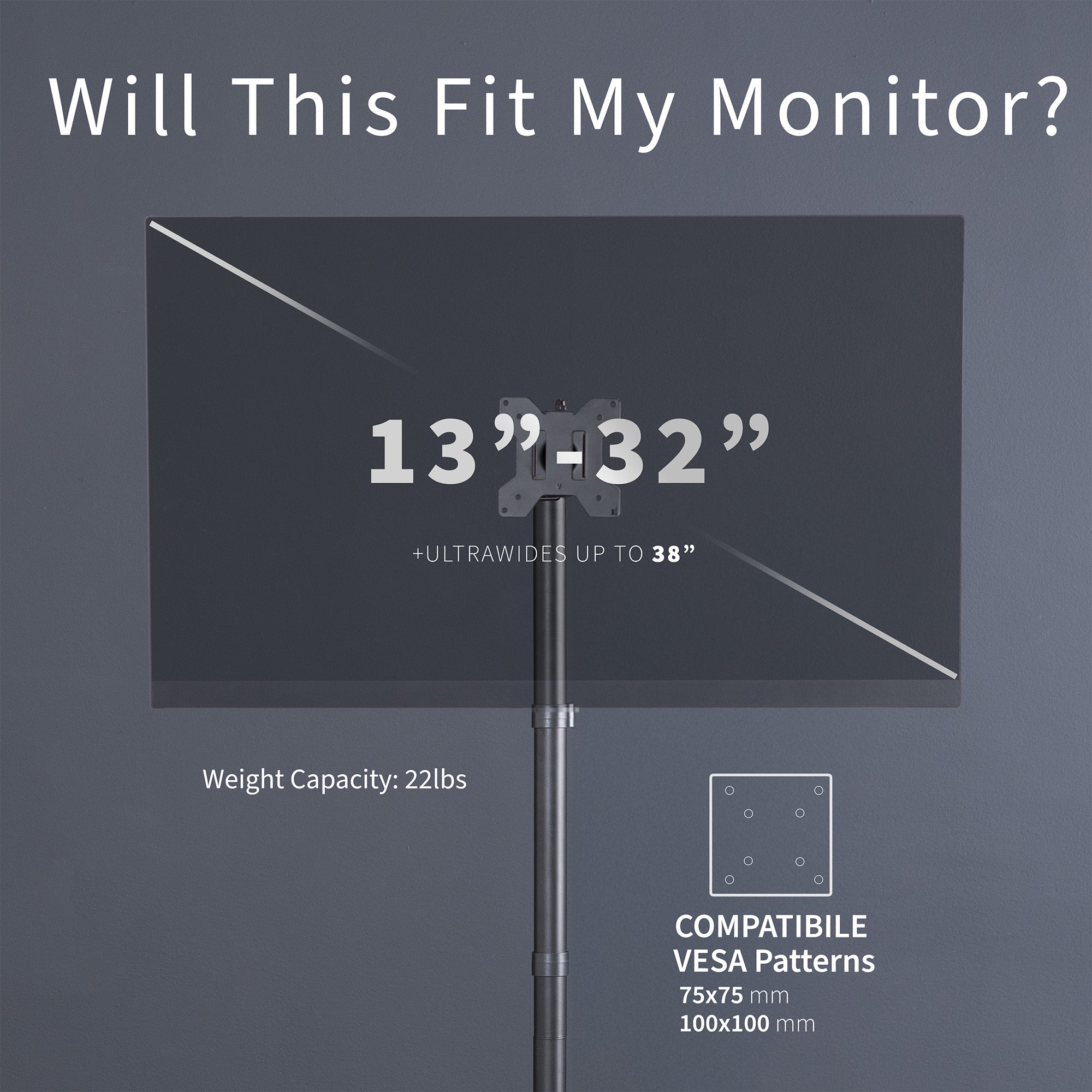 Extra tall desk mount for single monitor provides sit or stand application for the user, flexible viewing angles, and tall screen placement.