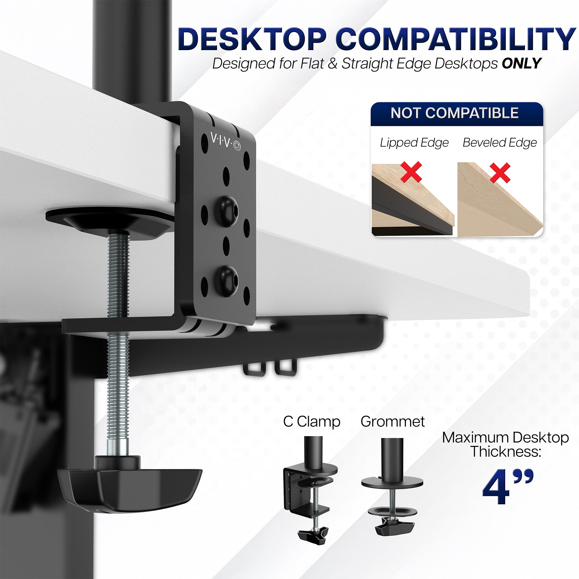 Computer monitor stand with compatibility details for flat and straight edge desks