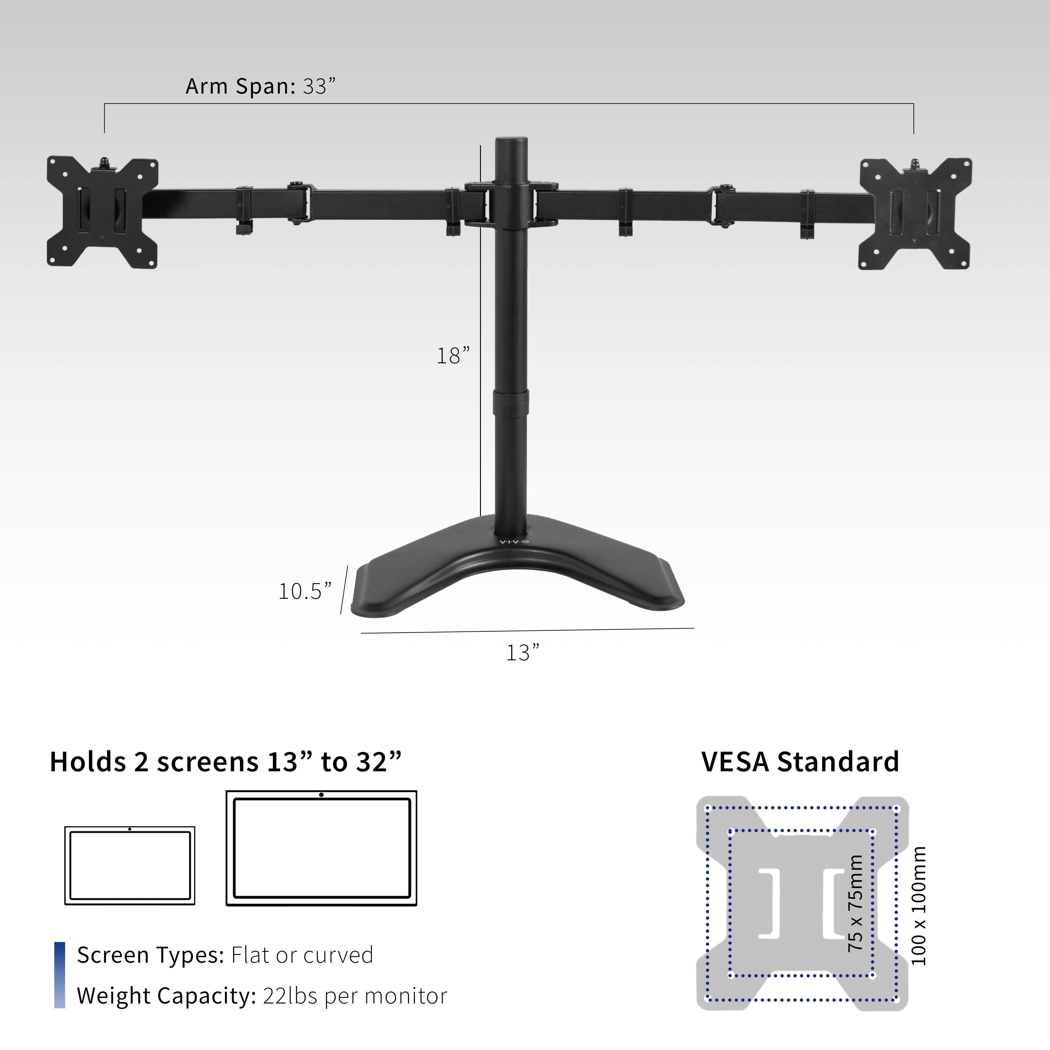 Enjoy ergonomic viewing angles with our freestanding dual monitor stand.