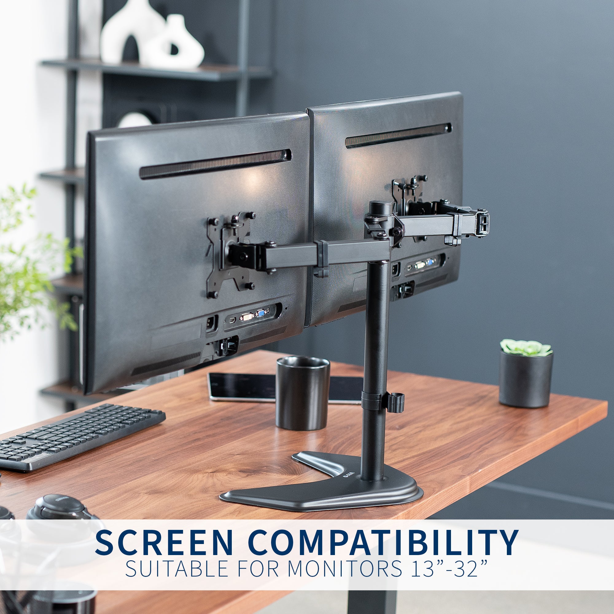 Enjoy ergonomic viewing angles with our freestanding dual monitor stand.