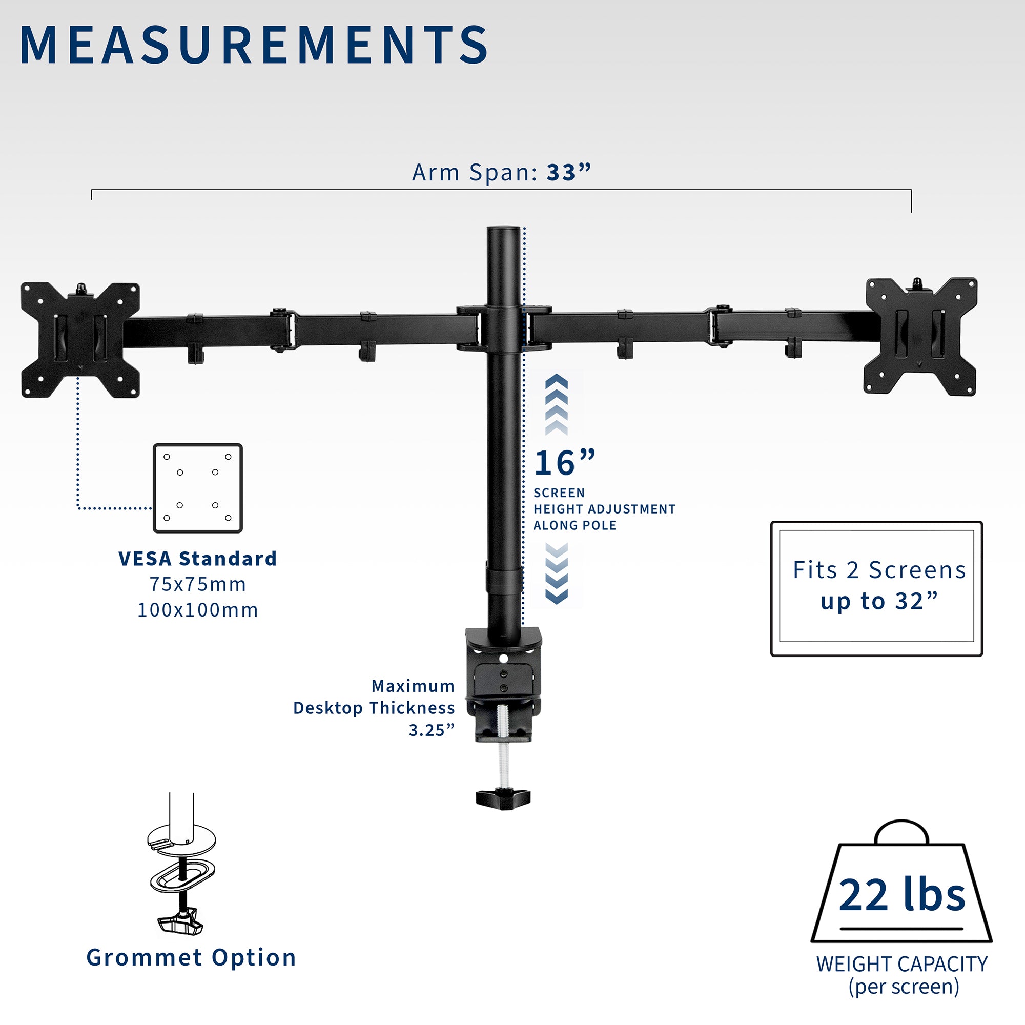Sturdy adjustable dual monitor ergonomic desk mount for office workstation.
