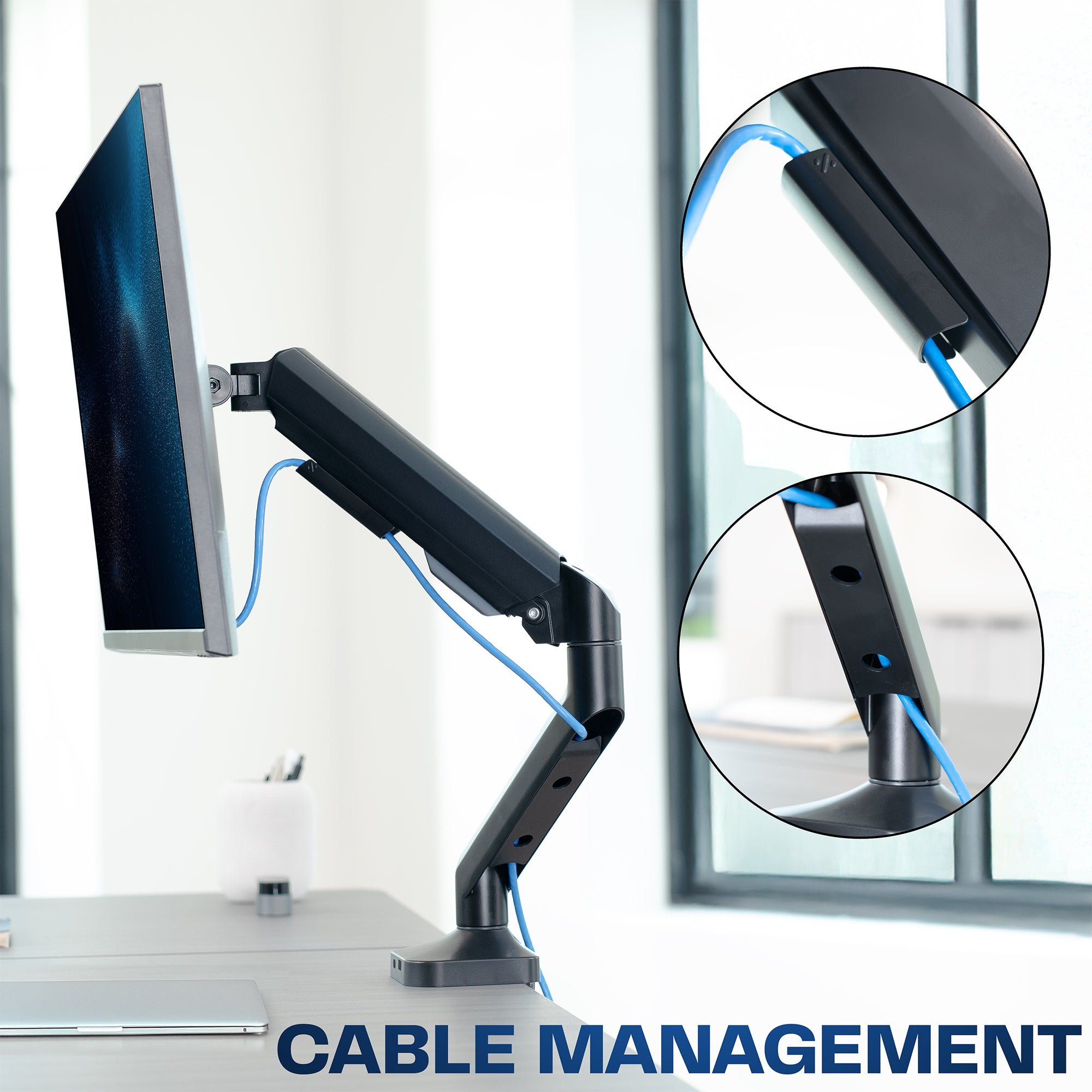 Monitor stand with cable management feature, showing close-ups of the design.