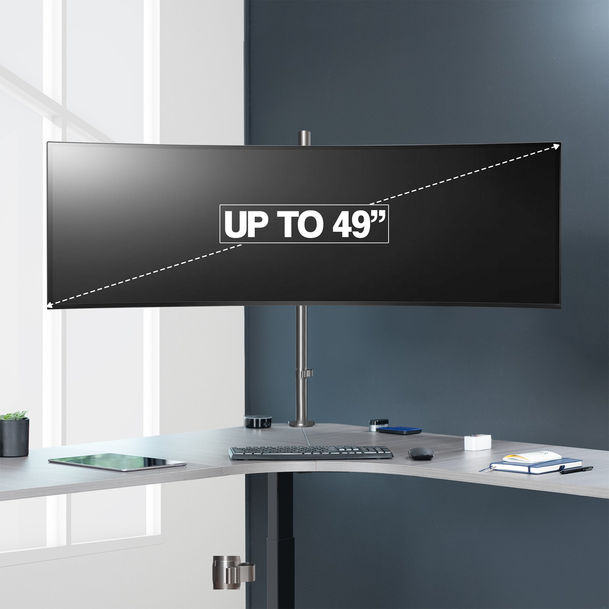 Clamp-on single monitor ultrawide desk mount with height adjustment, tilt, swivel, rotation, and built-in cable management.