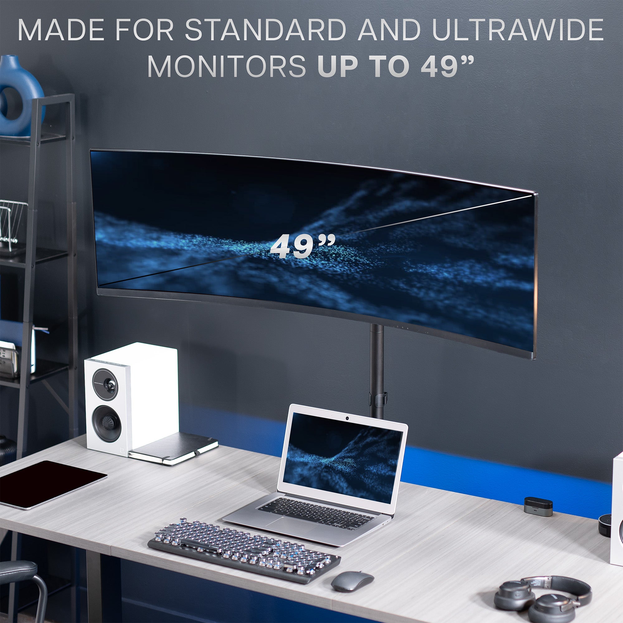 Clamp-on single monitor ultrawide desk mount with height adjustment, tilt, swivel, rotation, and built-in cable management.