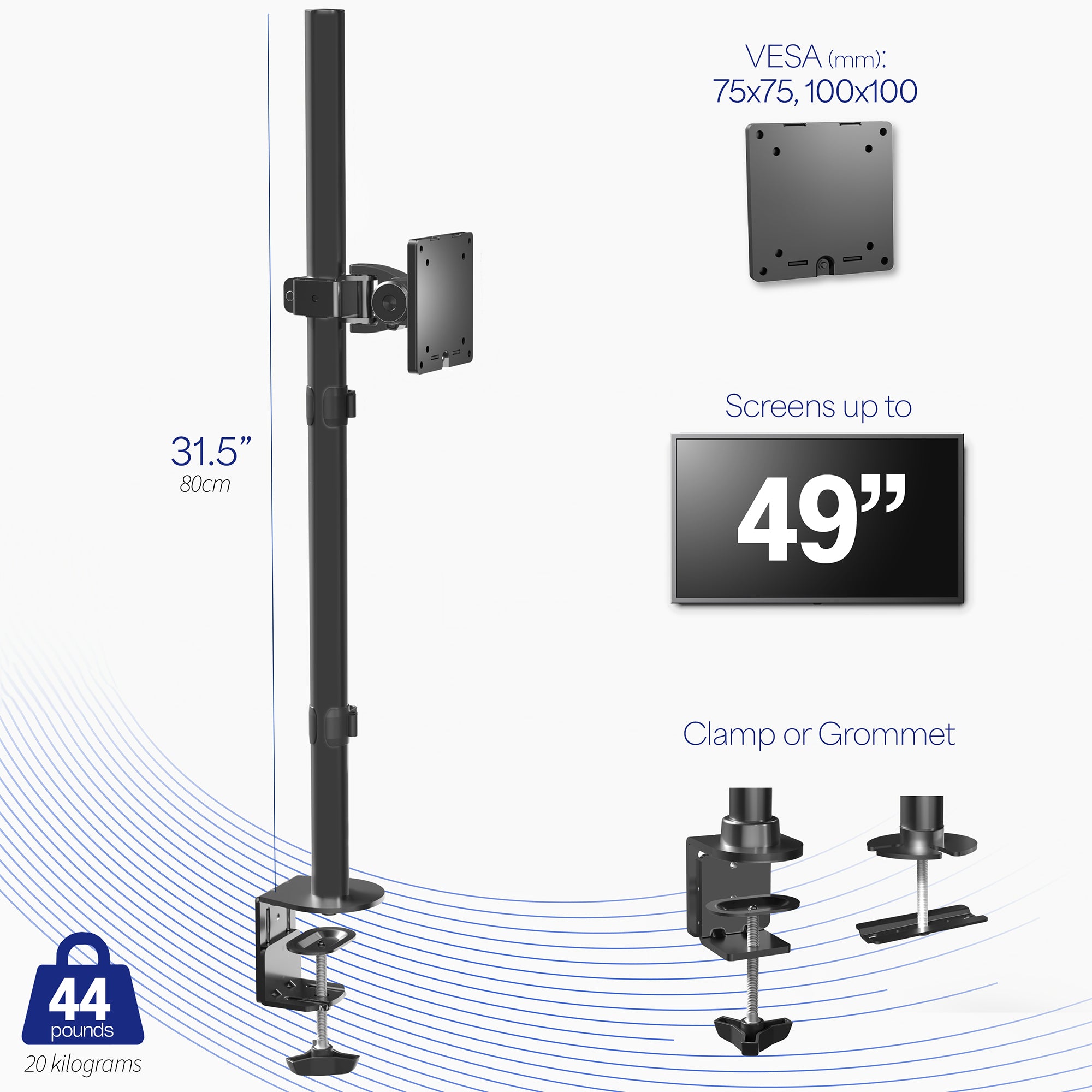 Clamp-on single monitor ultrawide desk mount with height adjustment, tilt, swivel, rotation, and built-in cable management.