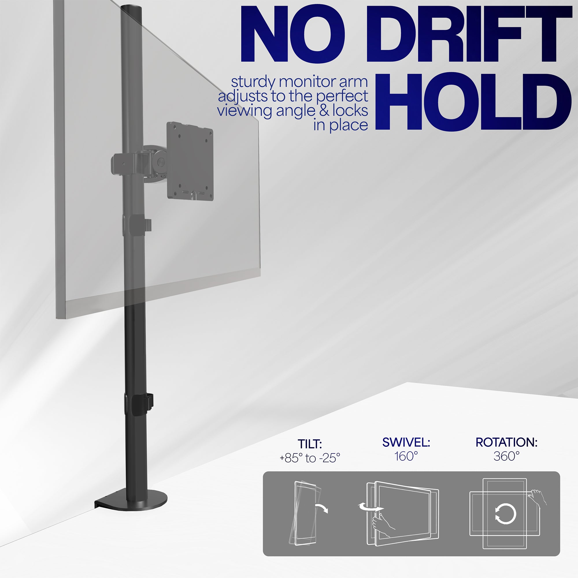 Clamp-on single monitor ultrawide desk mount with height adjustment, tilt, swivel, rotation, and built-in cable management.