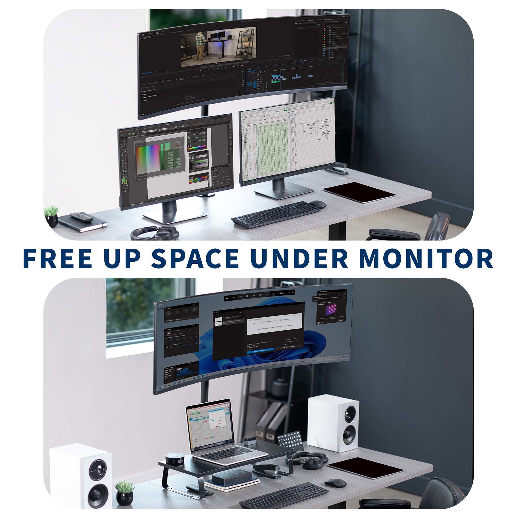 Clamp-on single monitor ultrawide desk mount with height adjustment, tilt, swivel, rotation, and built-in cable management.