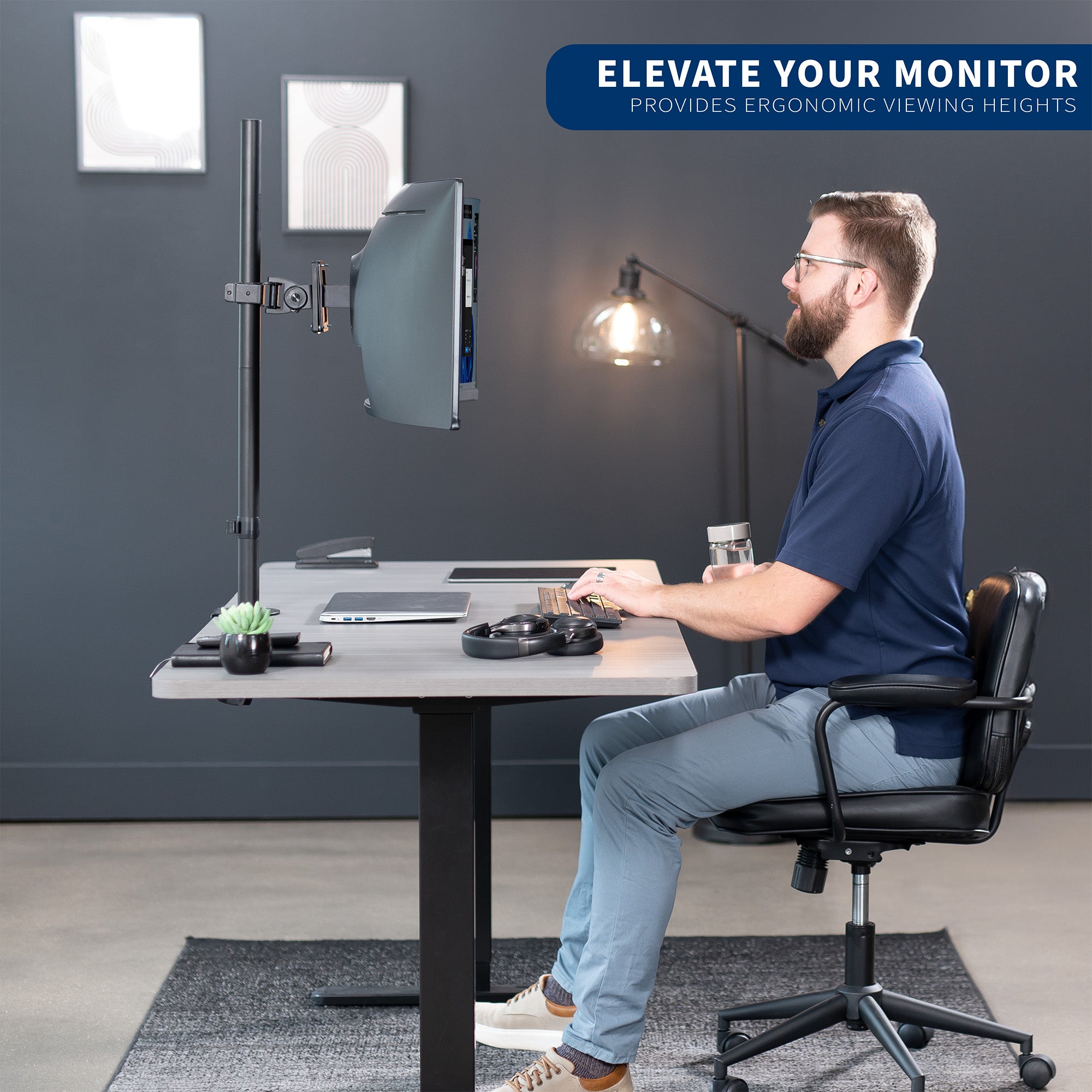 Clamp-on single monitor ultrawide desk mount with height adjustment, tilt, swivel, rotation, and built-in cable management.