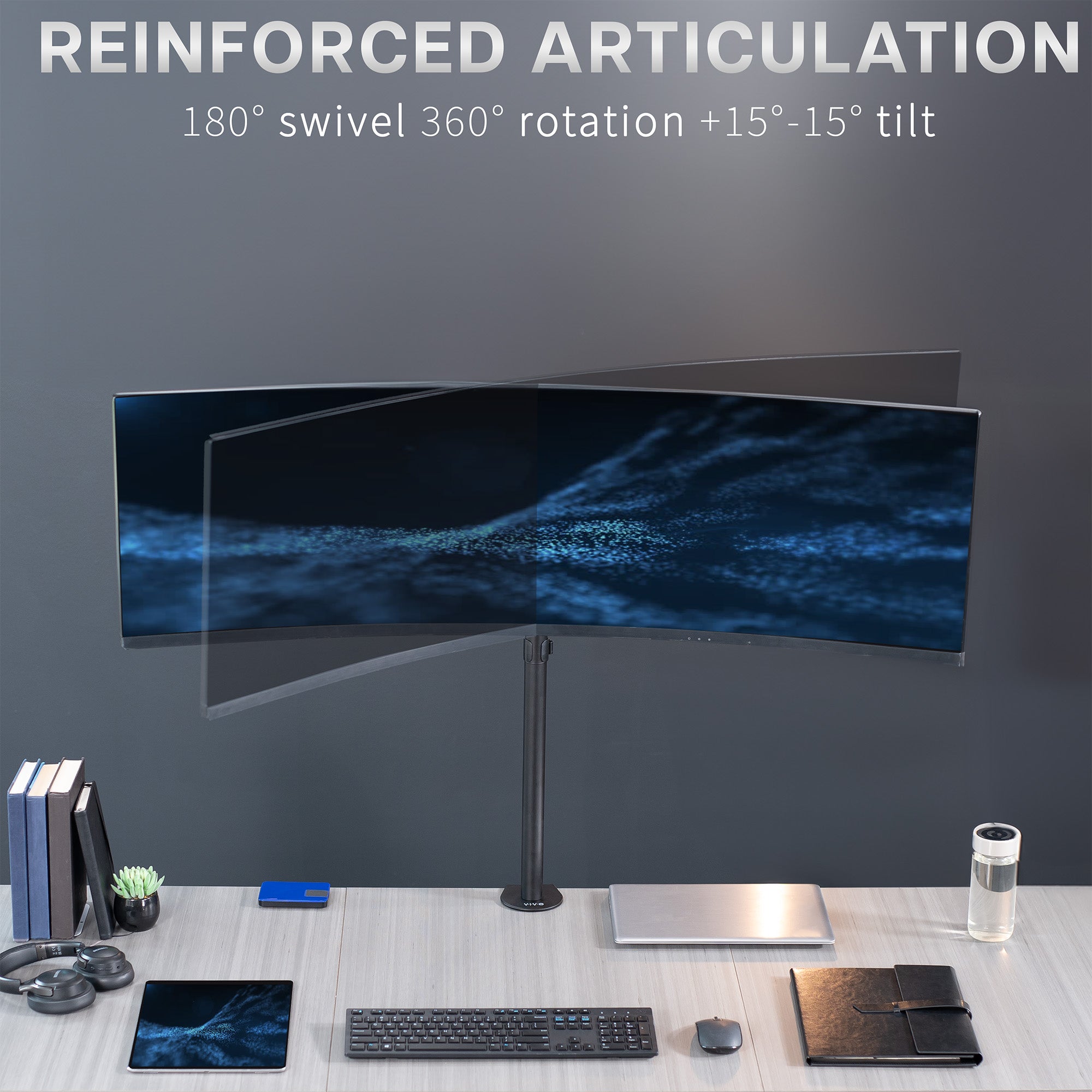 Clamp-on single monitor ultrawide desk mount with height adjustment, tilt, swivel, rotation, and built-in cable management.