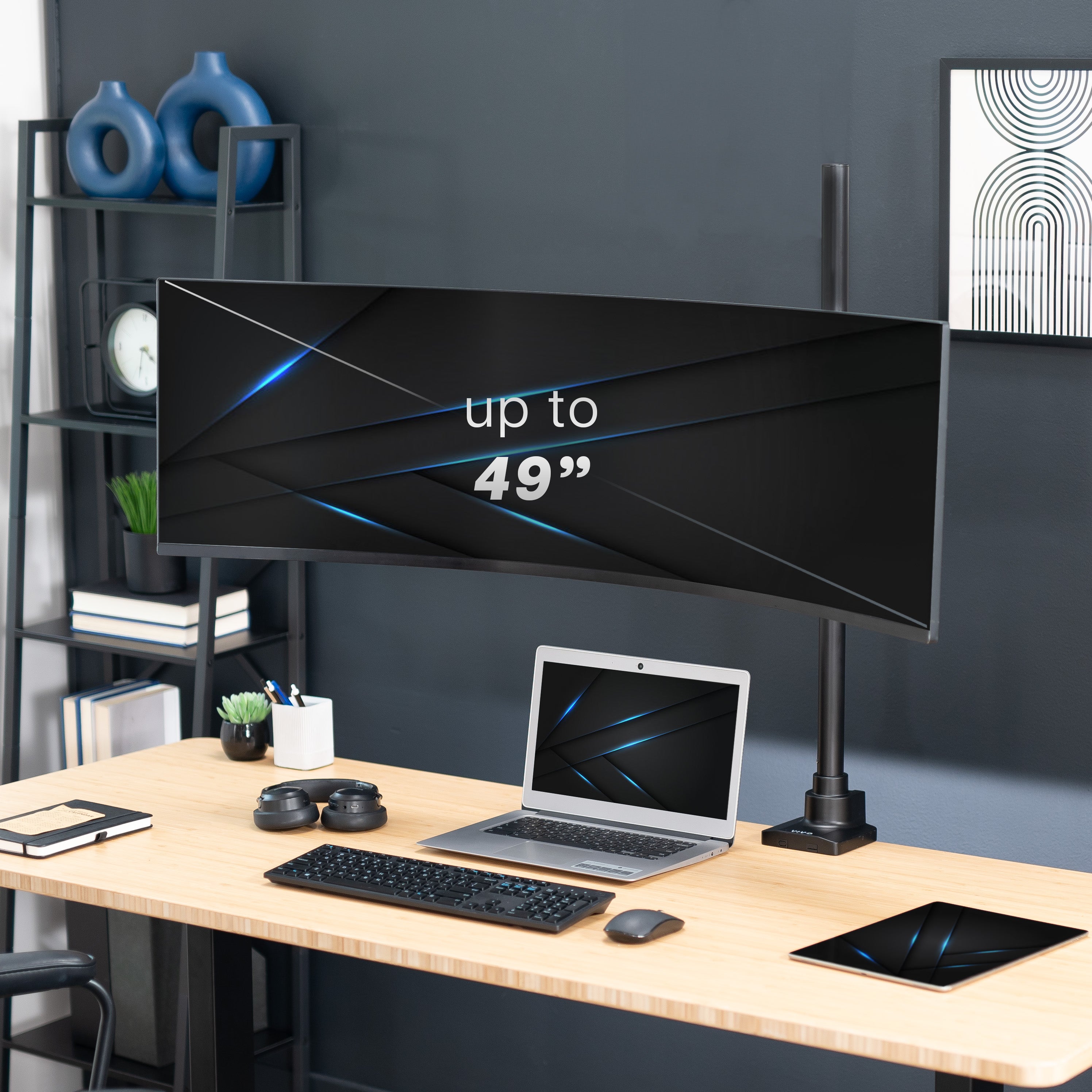 Extra tall single monitor ultrawide desk mount with extending arm: Features height adjustment, tilt, swivel, rotation, and built-in cable management.