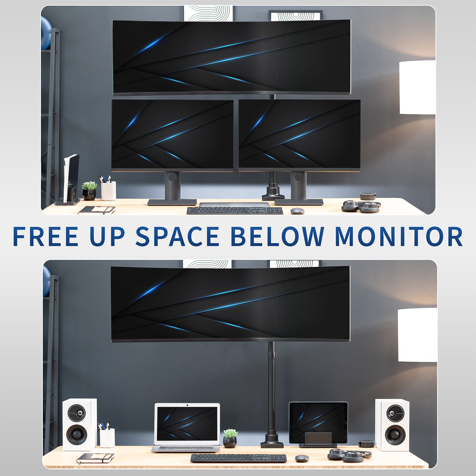 Extra tall single monitor ultrawide desk mount with extending arm: Features height adjustment, tilt, swivel, rotation, and built-in cable management.