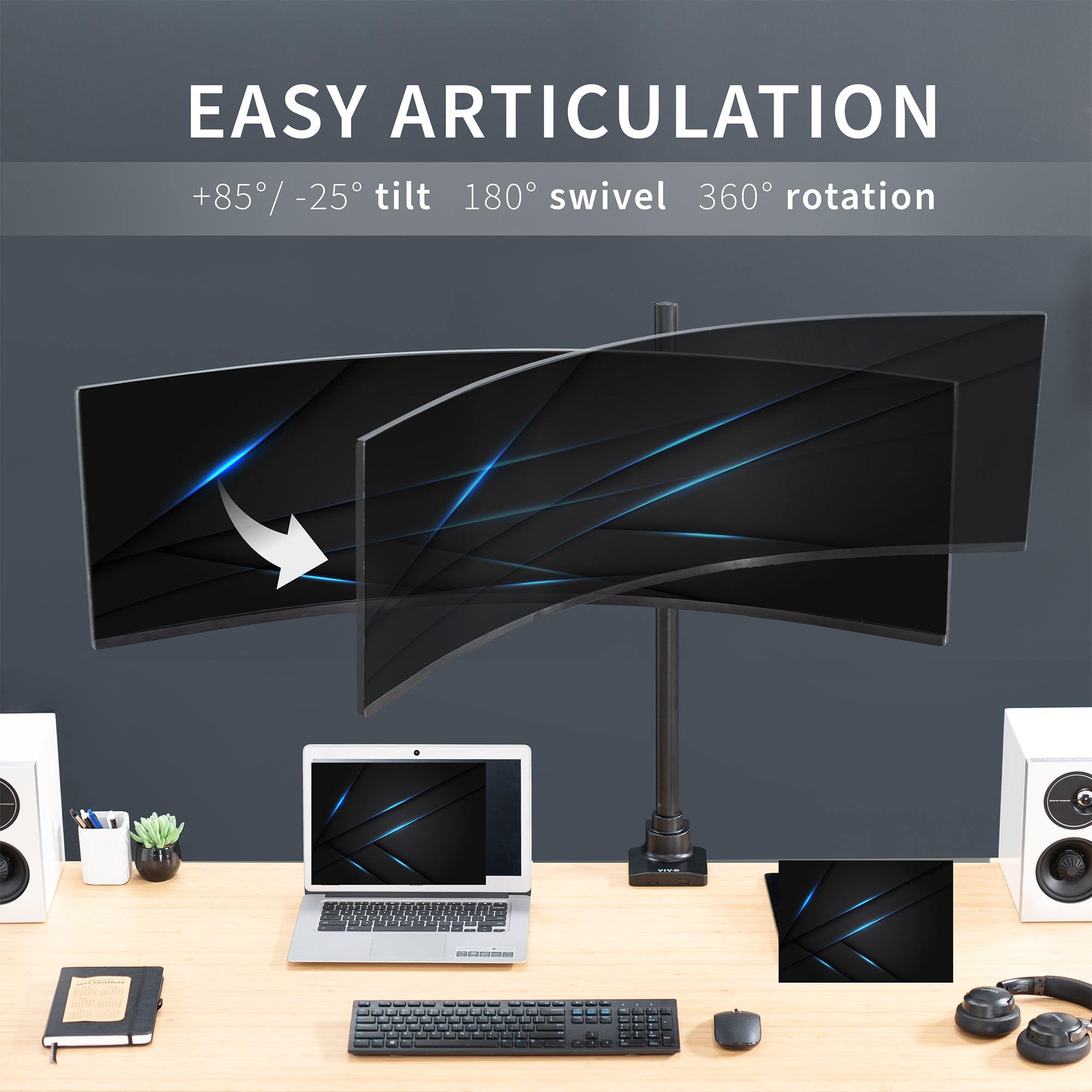 Extra tall single monitor ultrawide desk mount with extending arm: Features height adjustment, tilt, swivel, rotation, and built-in cable management.