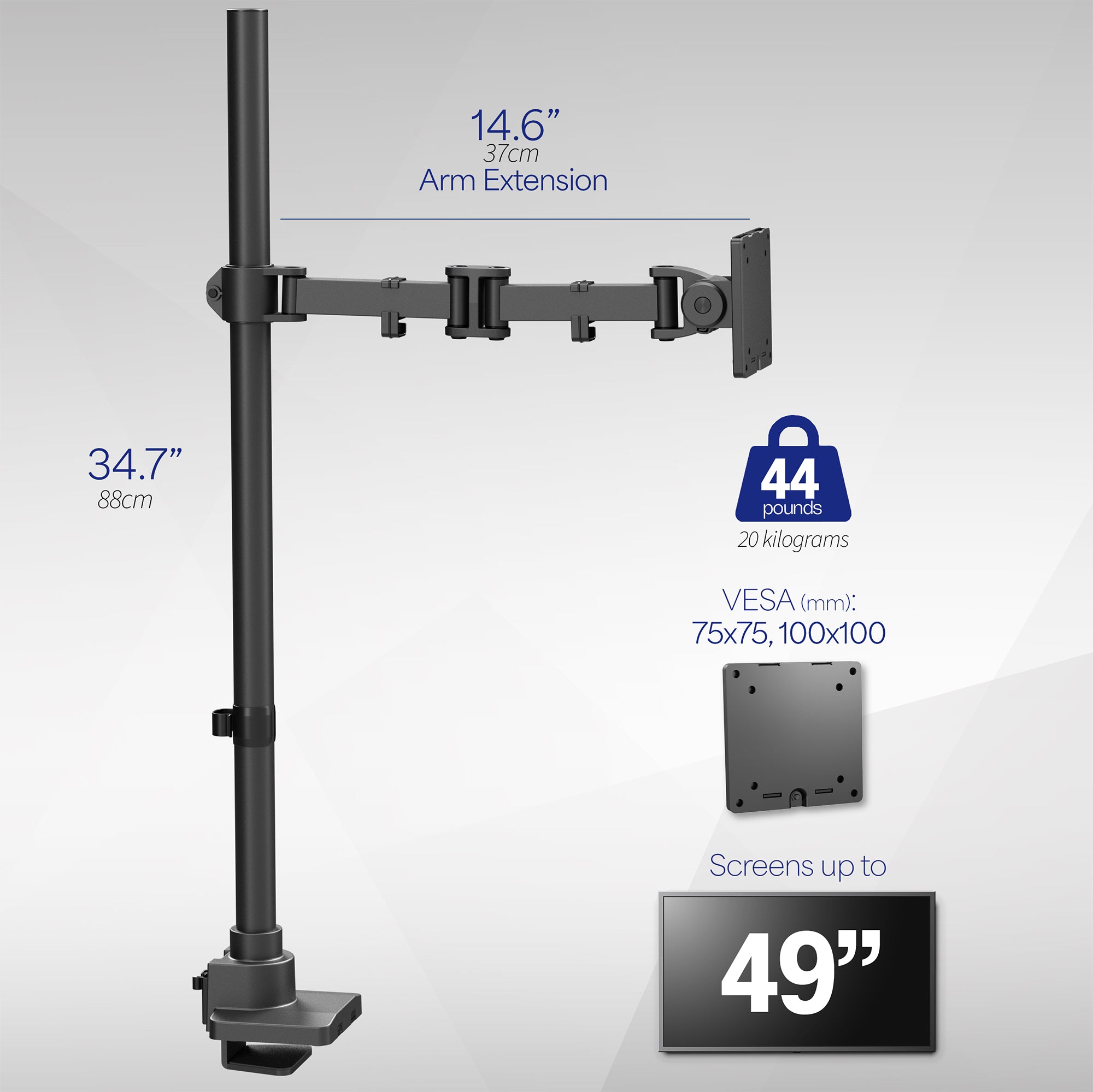 Extra tall single monitor ultrawide desk mount with extending arm: Features height adjustment, tilt, swivel, rotation, and built-in cable management.
