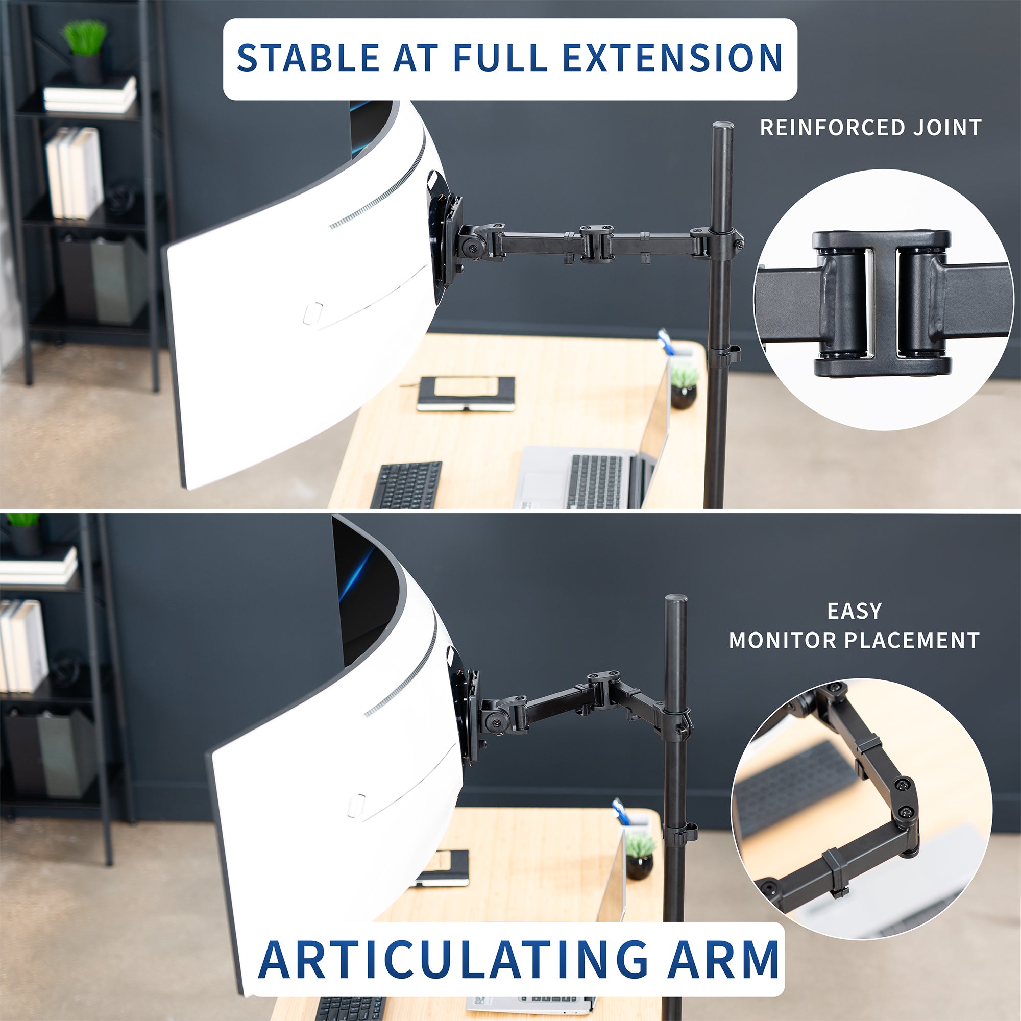 Extra tall single monitor ultrawide desk mount with extending arm: Features height adjustment, tilt, swivel, rotation, and built-in cable management.