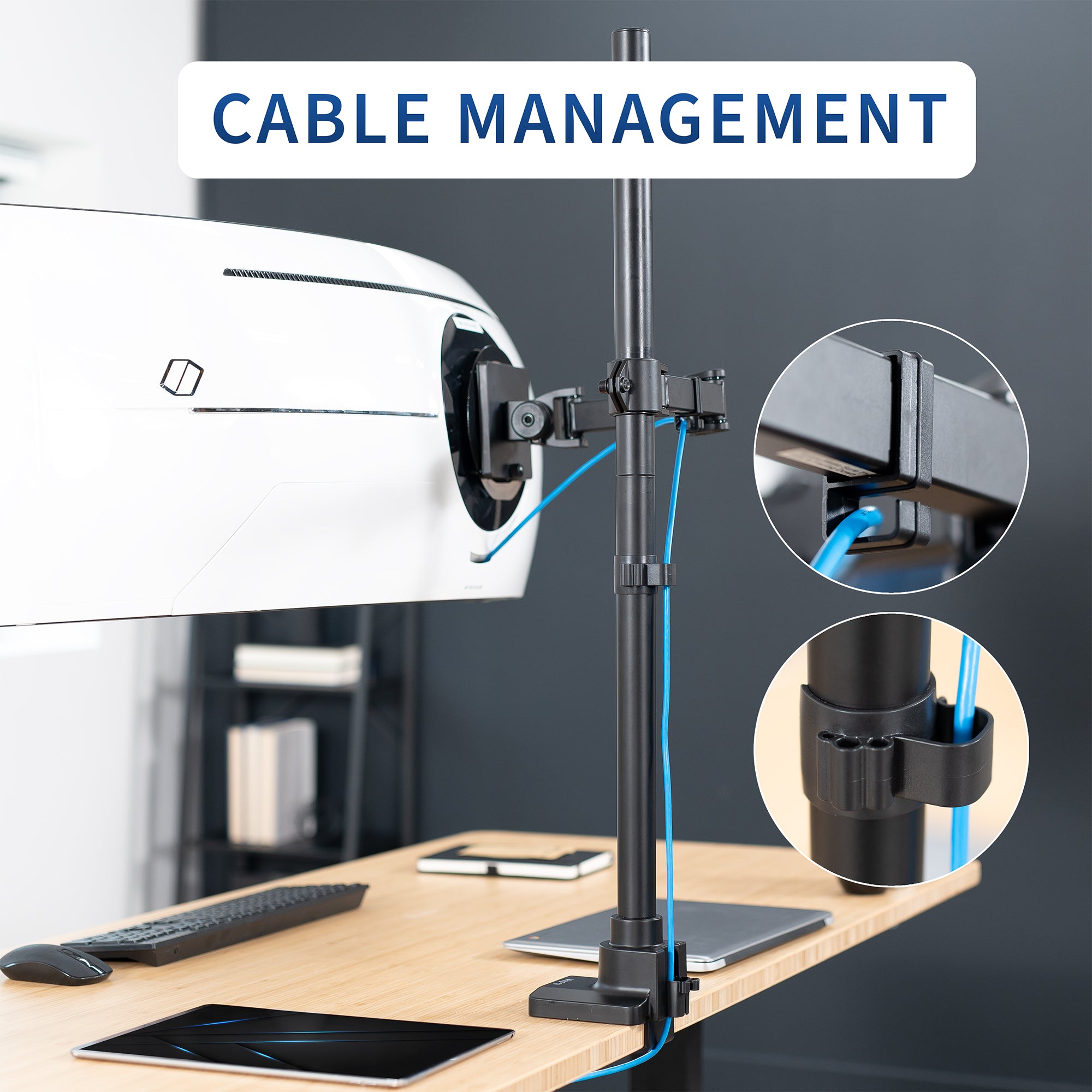 Extra tall single monitor ultrawide desk mount with extending arm: Features height adjustment, tilt, swivel, rotation, and built-in cable management.