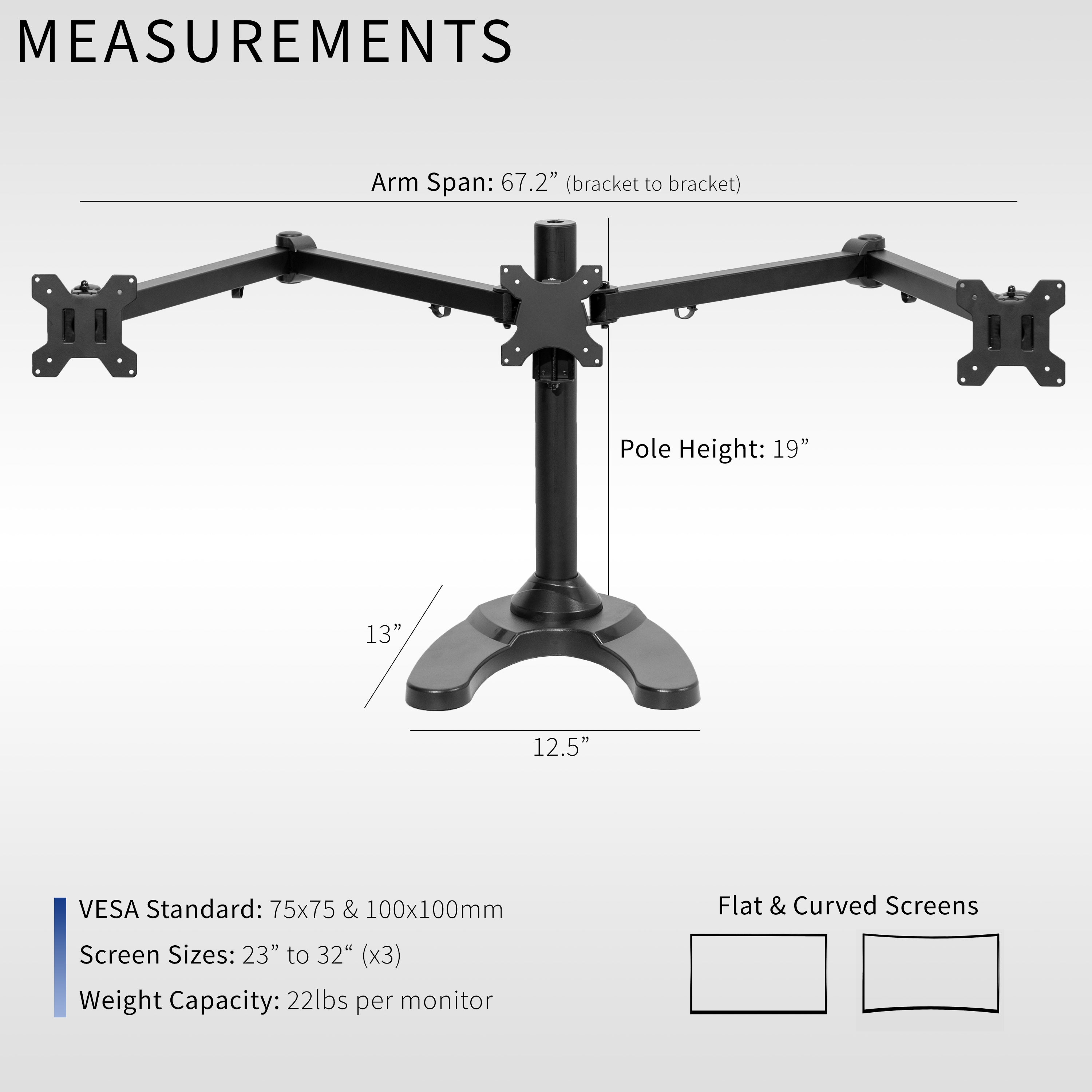 Measurements and specifications for Triple Monitor Desk Stand