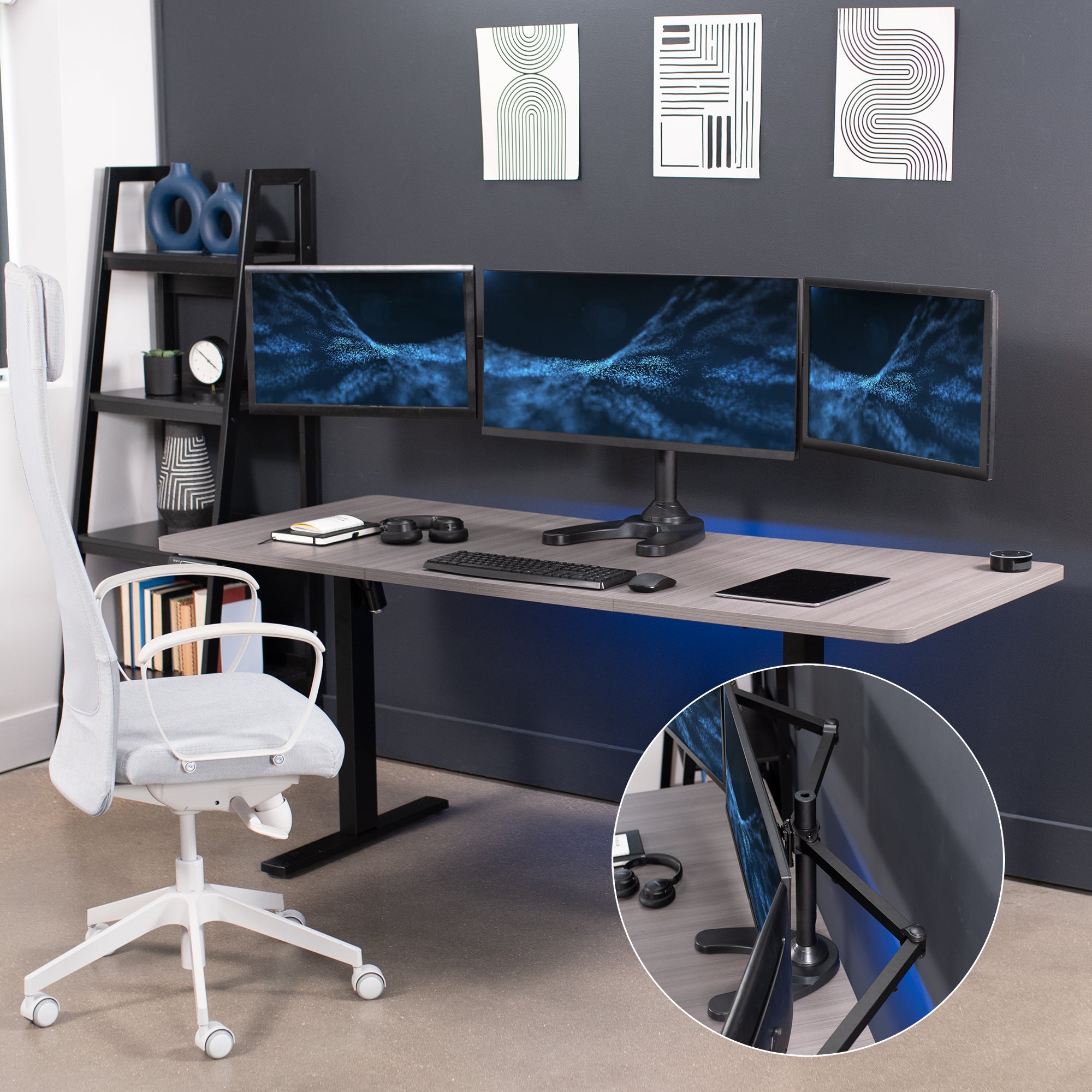 Triple Monitor Desk Stand on desk.