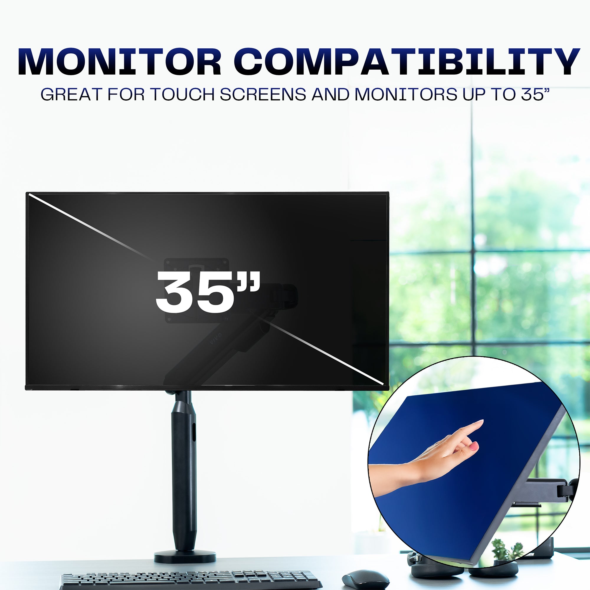 Monitor compatibility with a 35-inch monitor and a hand interacting with a touch screen.