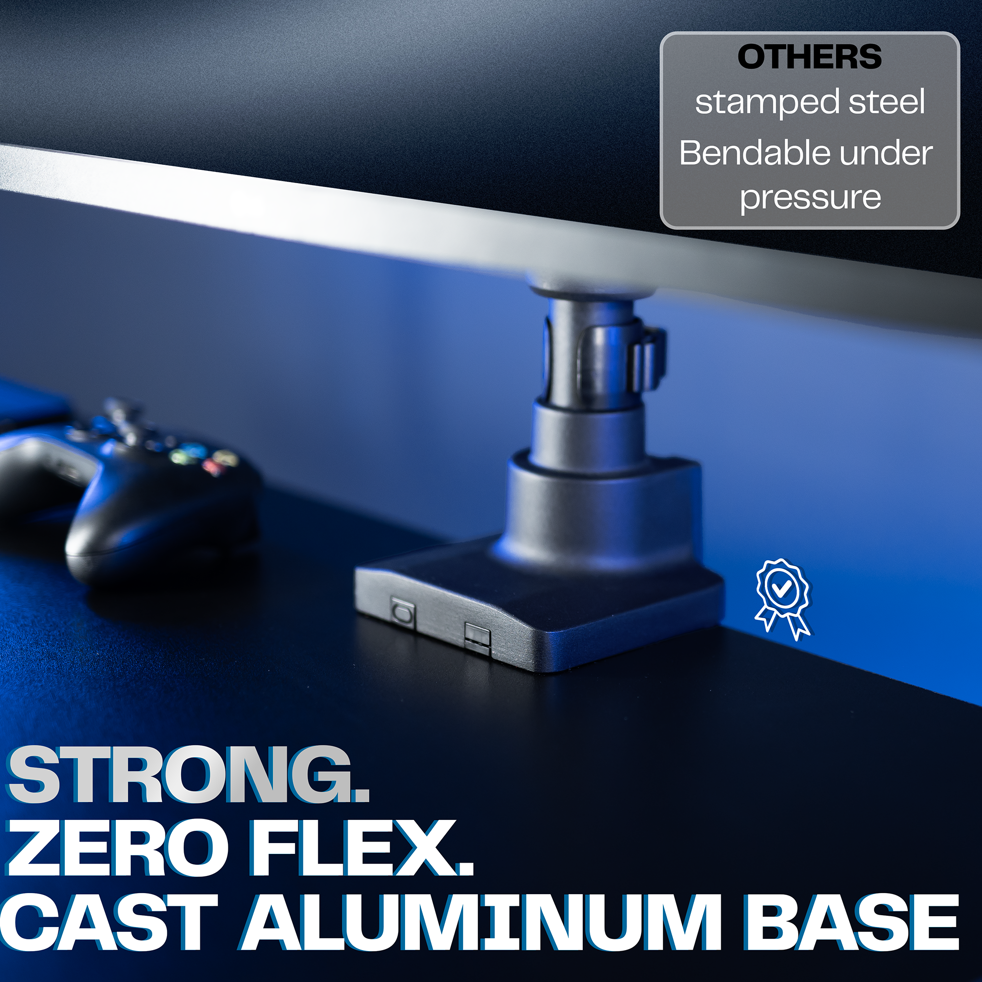 Gaming monitor stand with text highlighting features on a dark surface