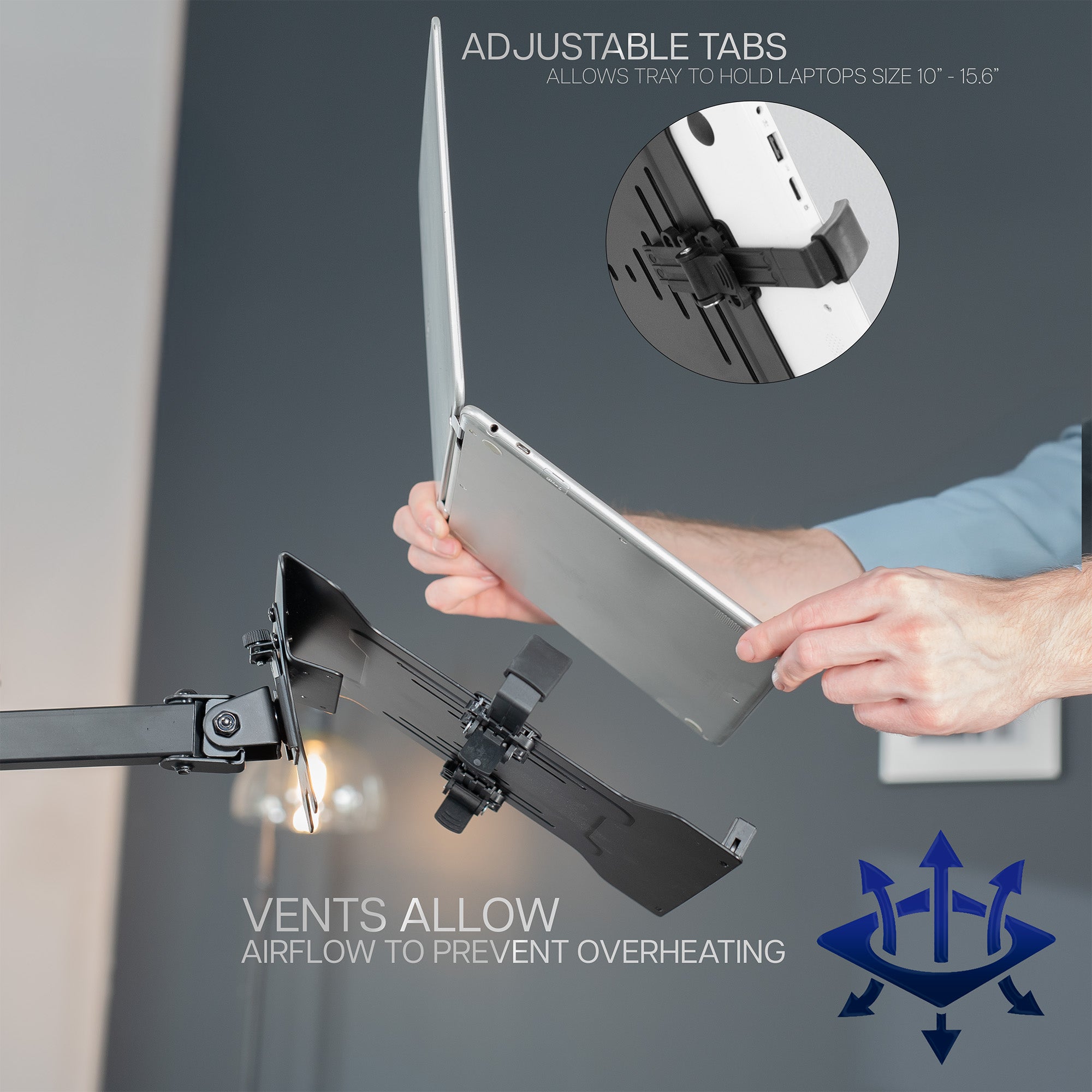 Laptop mount with adjustable tabs and vents on a gray background
