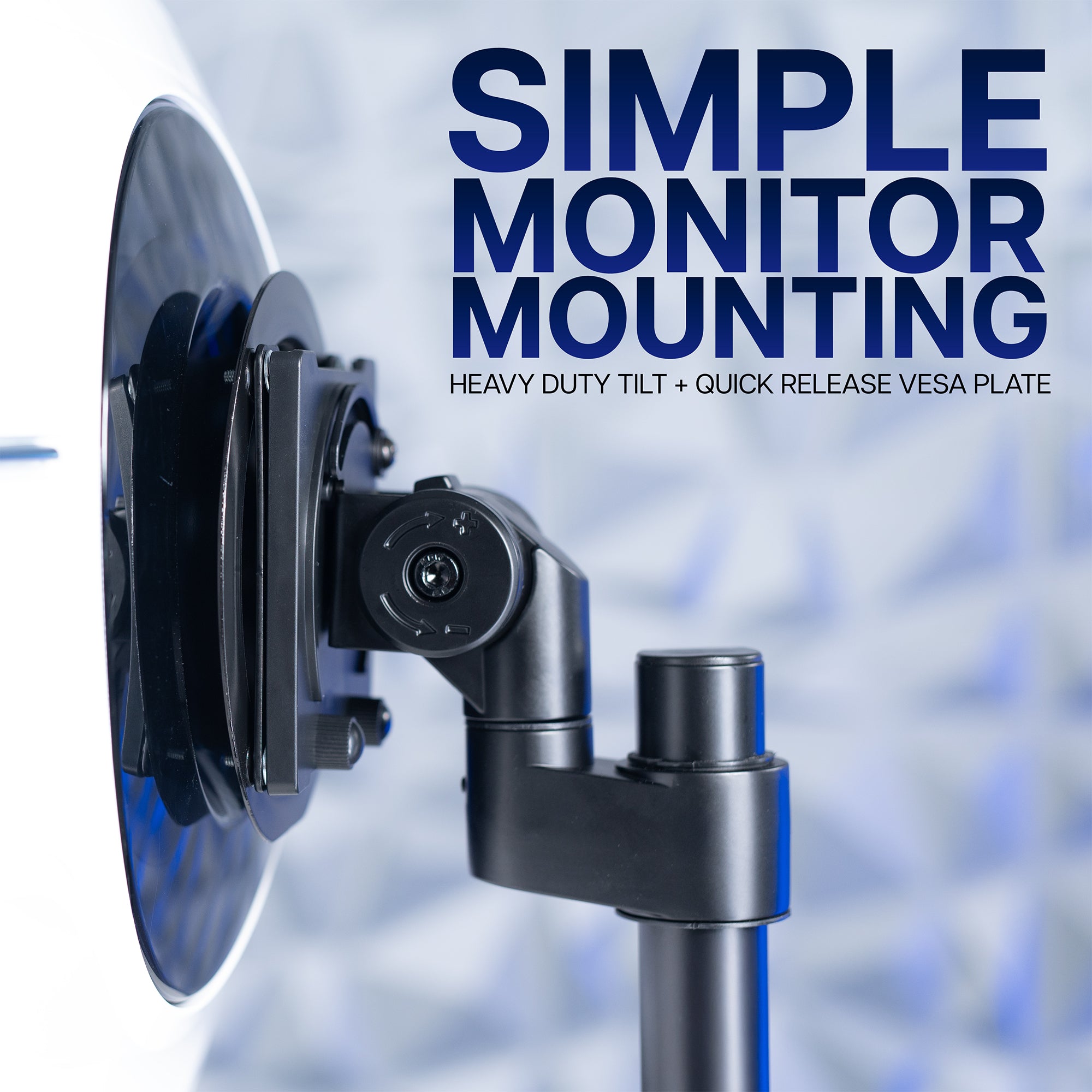 Monitor mounting bracket with text on a blurred background