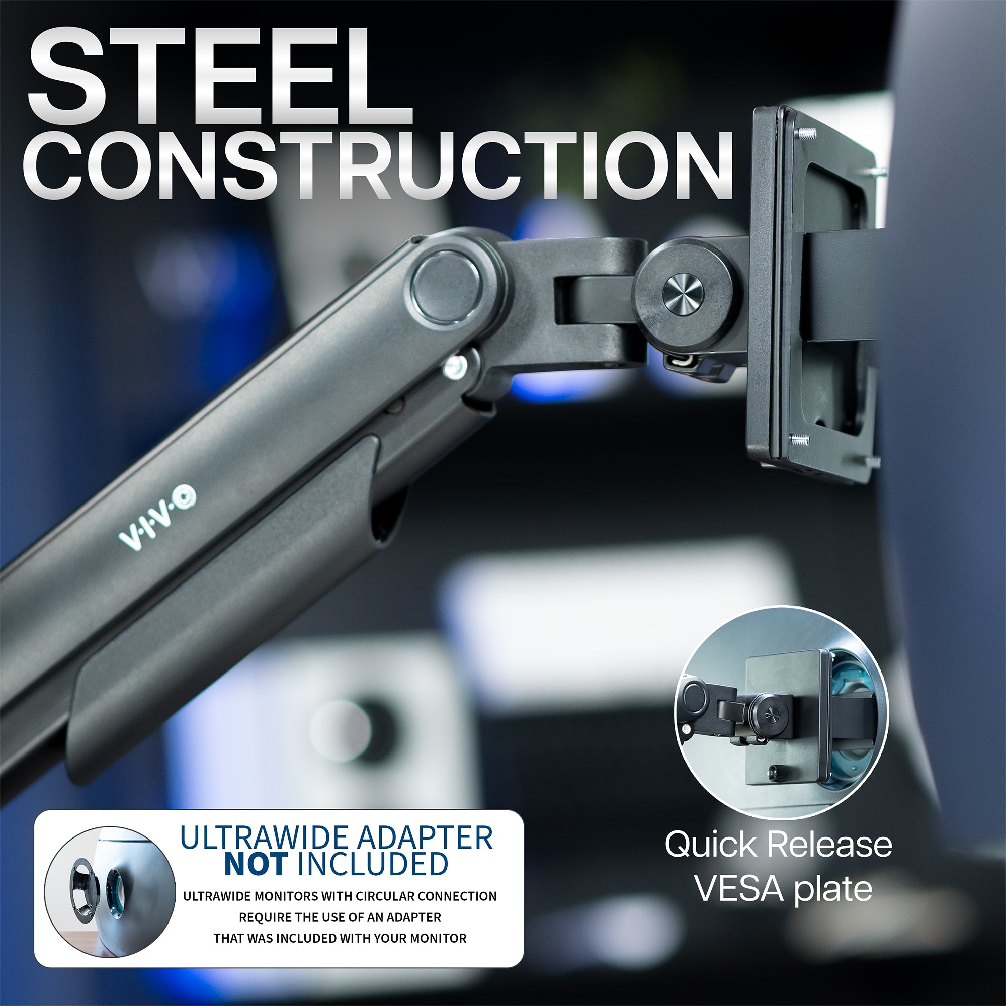 A dual monitor desk mount with pneumatic arms with sturdy construction.