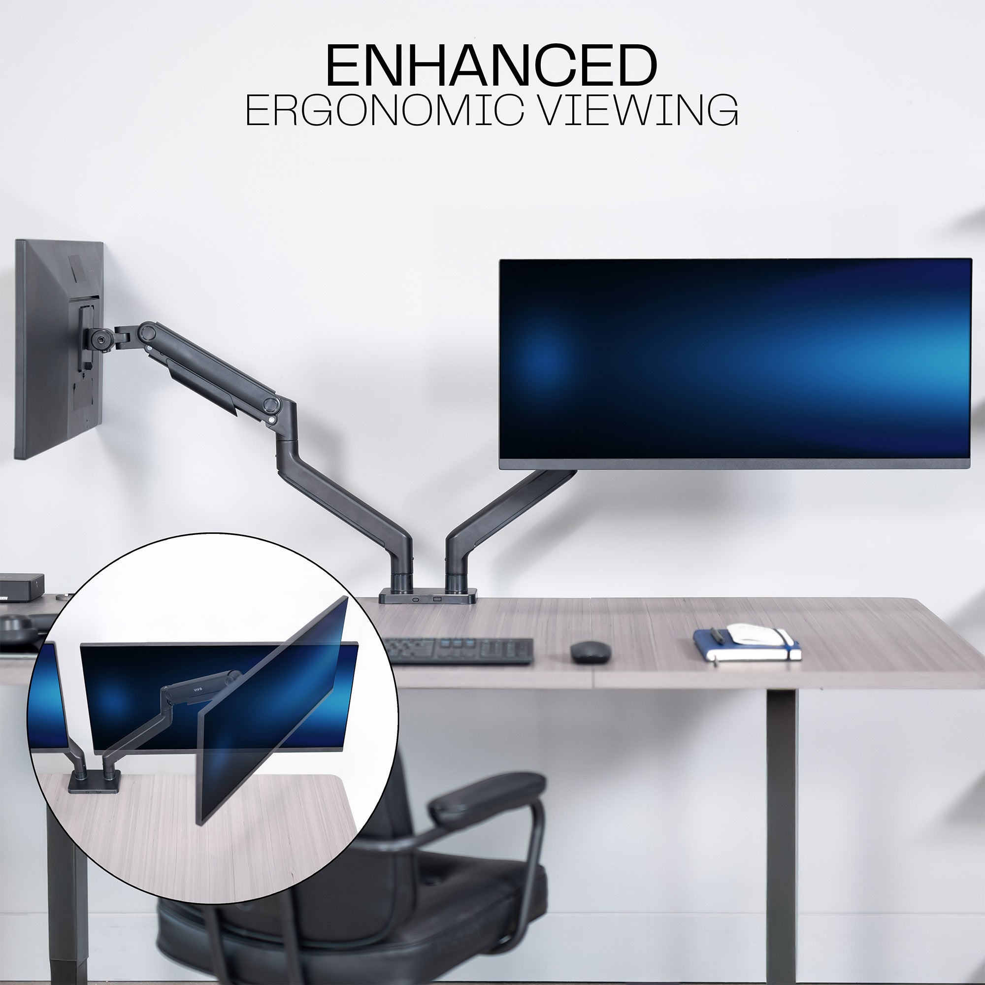 A dual monitor desk mount with pneumatic arms to create ergonomic viewing.