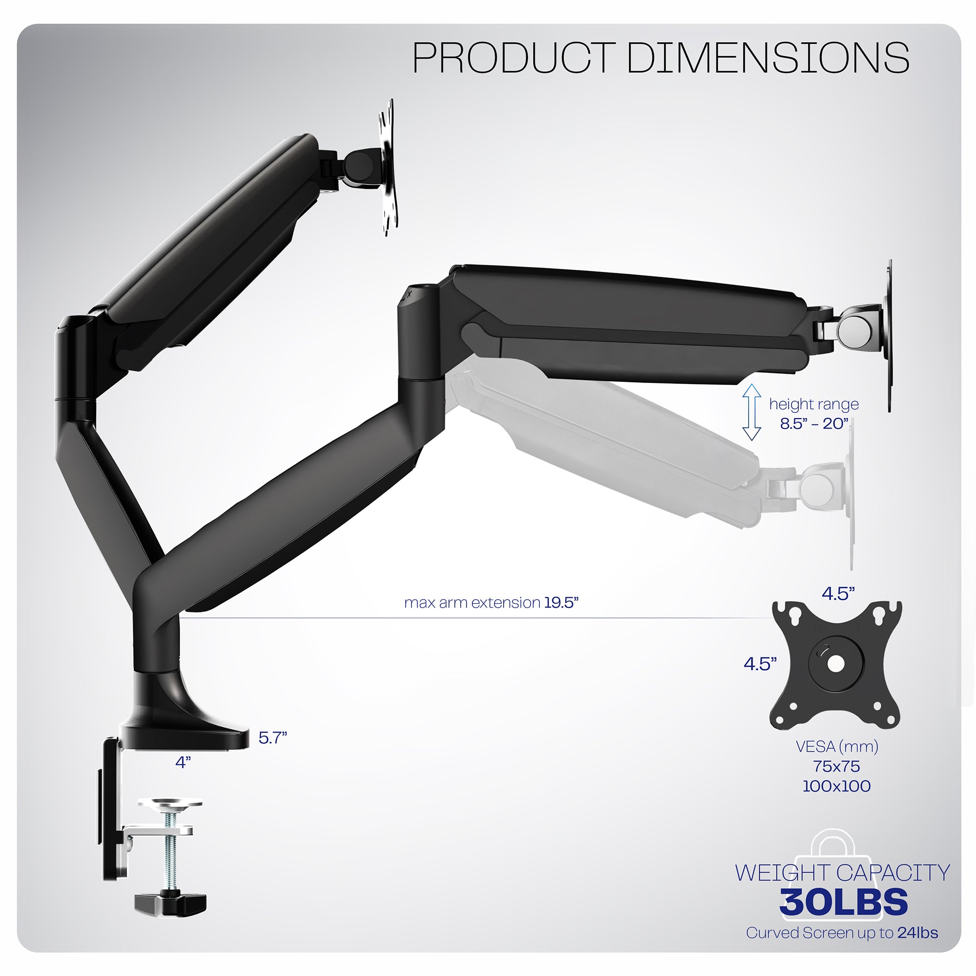 Pneumatic Arm Dual Ultrawide Monitor Desk Mount - Up to 40" Screens