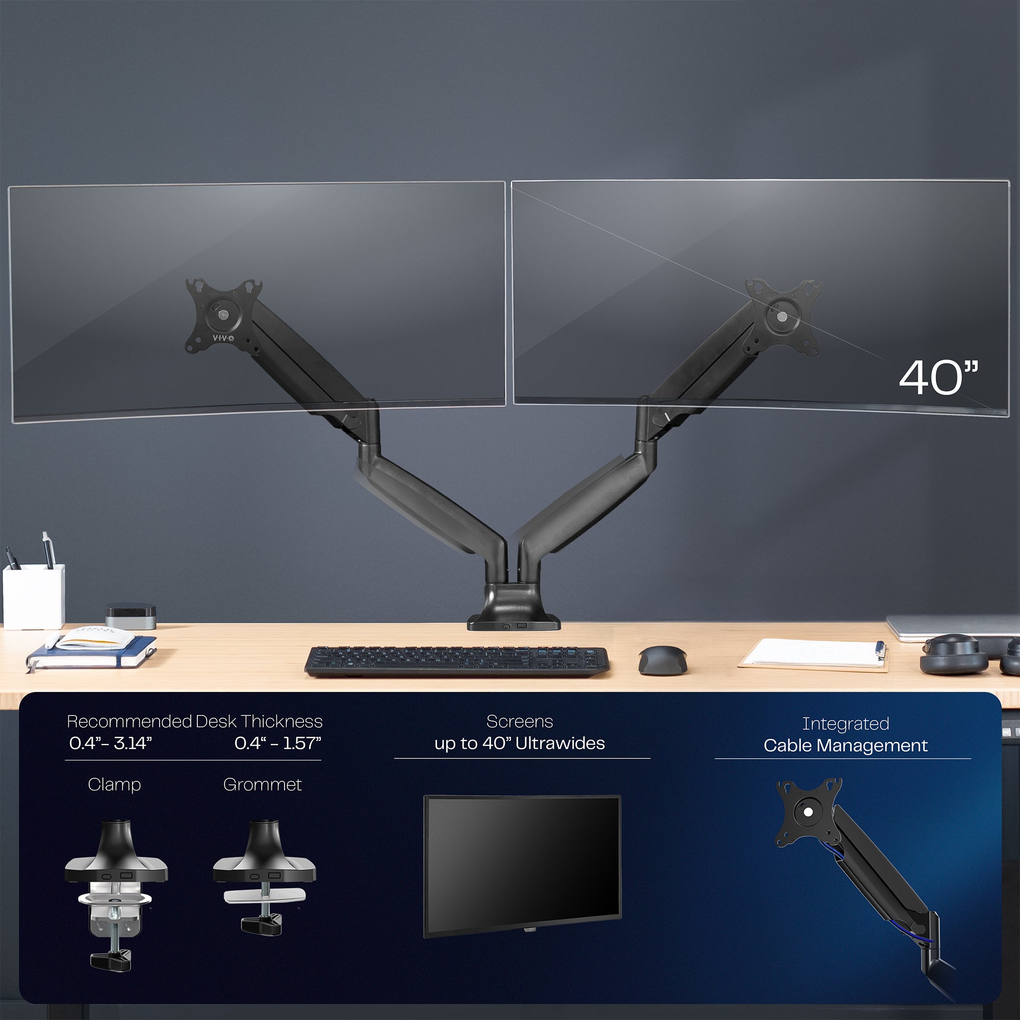 A dual ultrawide monitor desk mount with pneumatic arms