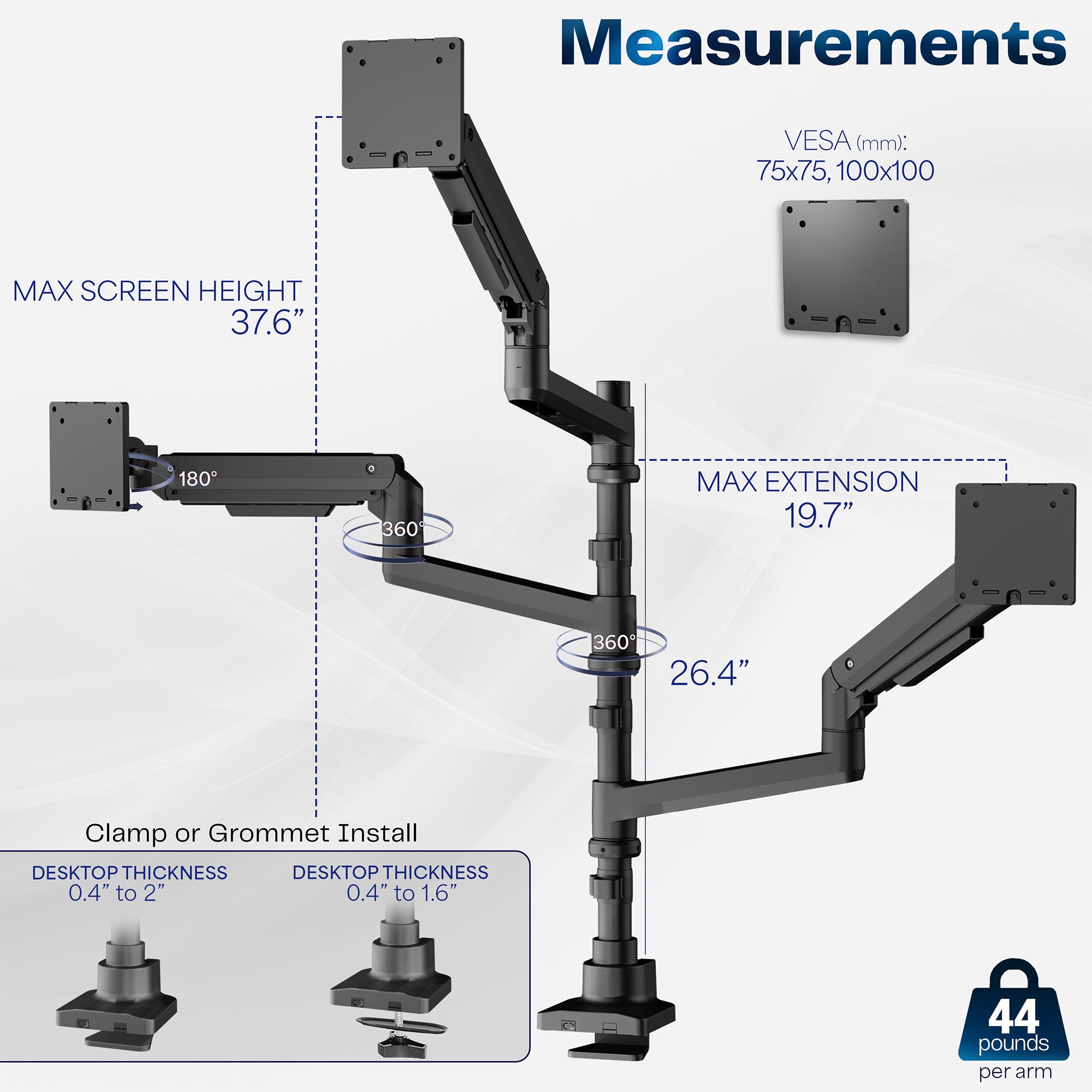 Triple monitor ultrawide desk mount with extending arms. Featuring height adjustment, tilt, swivel, rotation, and integrated cable management.