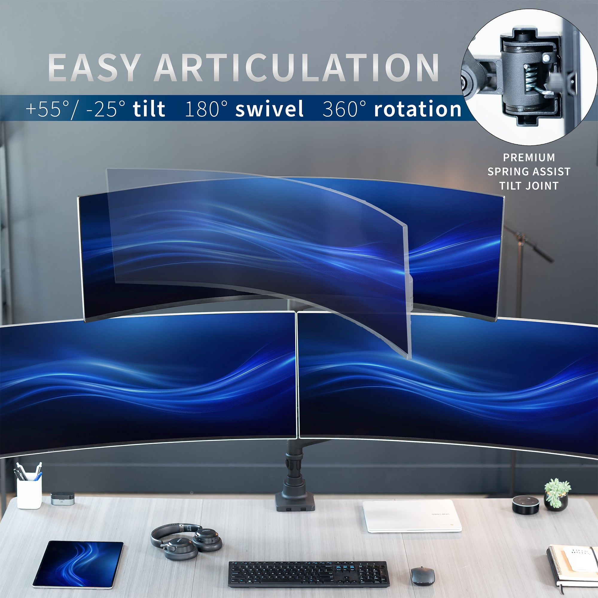 Triple monitor ultrawide desk mount with extending arms. Featuring height adjustment, tilt, swivel, rotation, and integrated cable management.