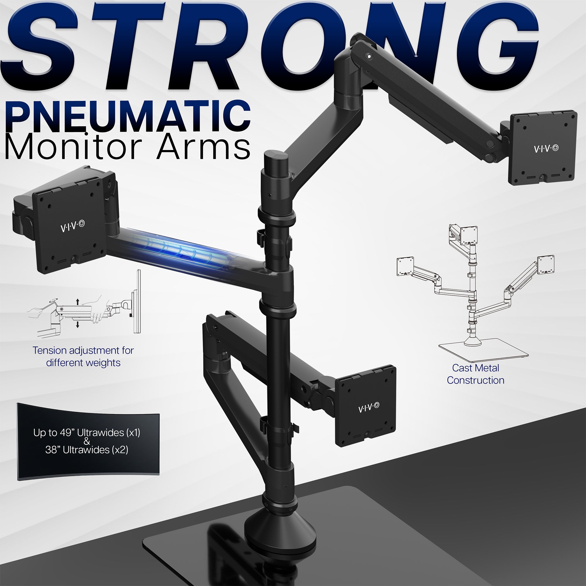 Pneumatic Arm Triple Ultrawide Monitor Extra Tall Desk Stand - Up to 49" Screens