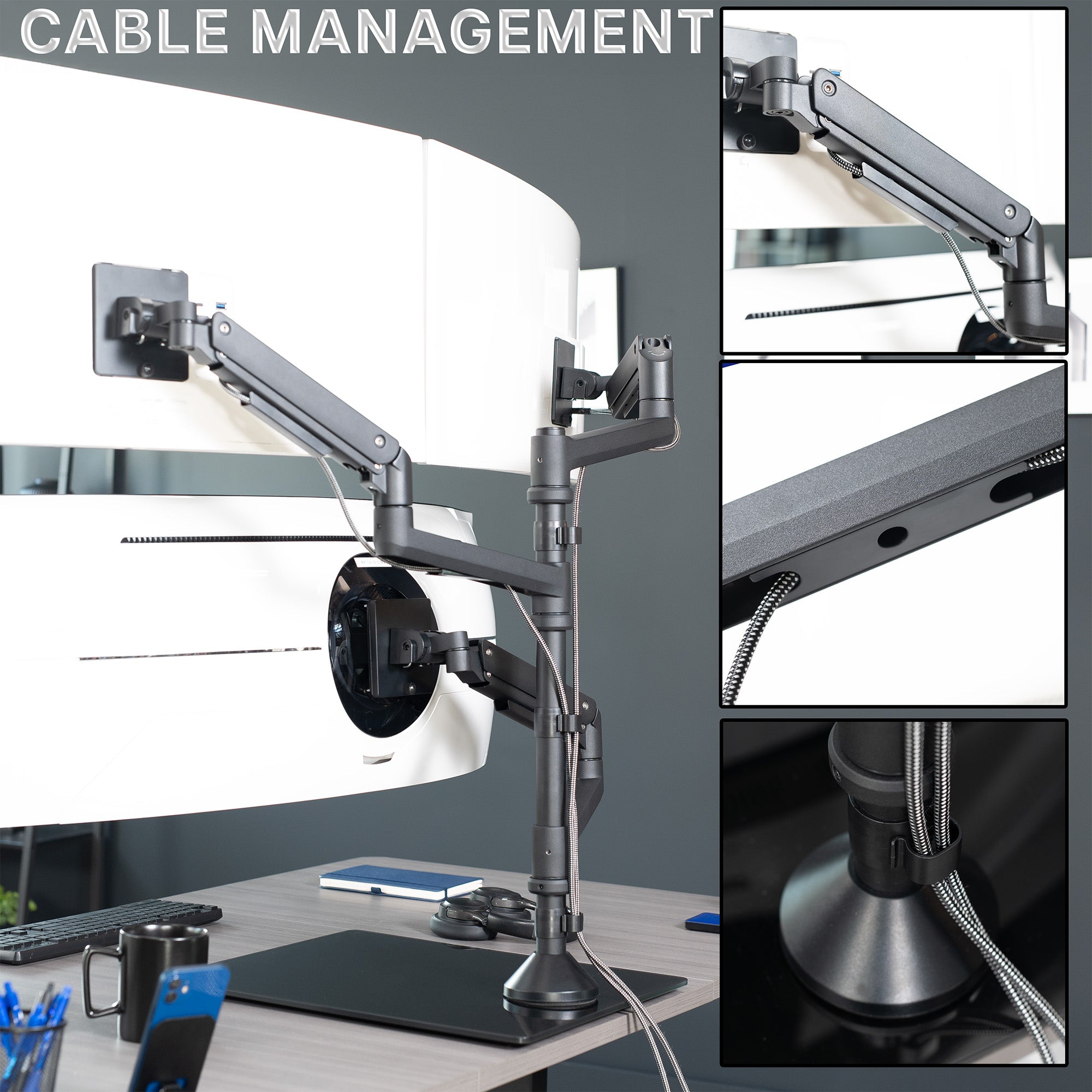Pneumatic Arm Triple Ultrawide Monitor Extra Tall Desk Stand - Up to 49" Screens