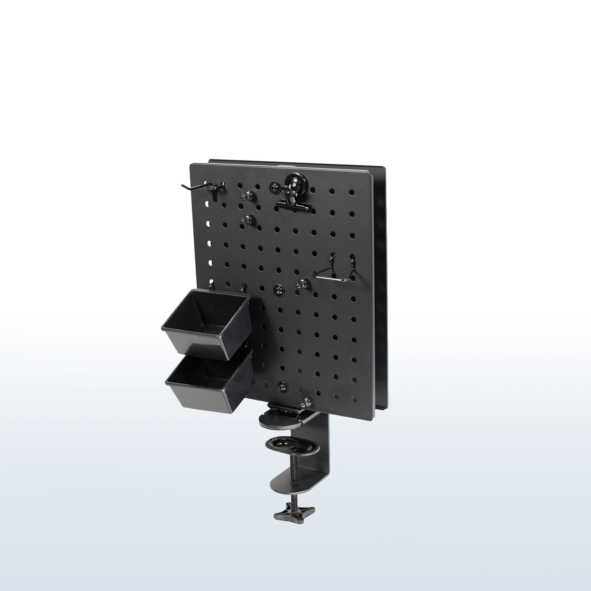 Clamp-on rotating pegboard for storage and privacy with accessories included. Double-sided organization panel featuring flexible placement and an easy assembly process.