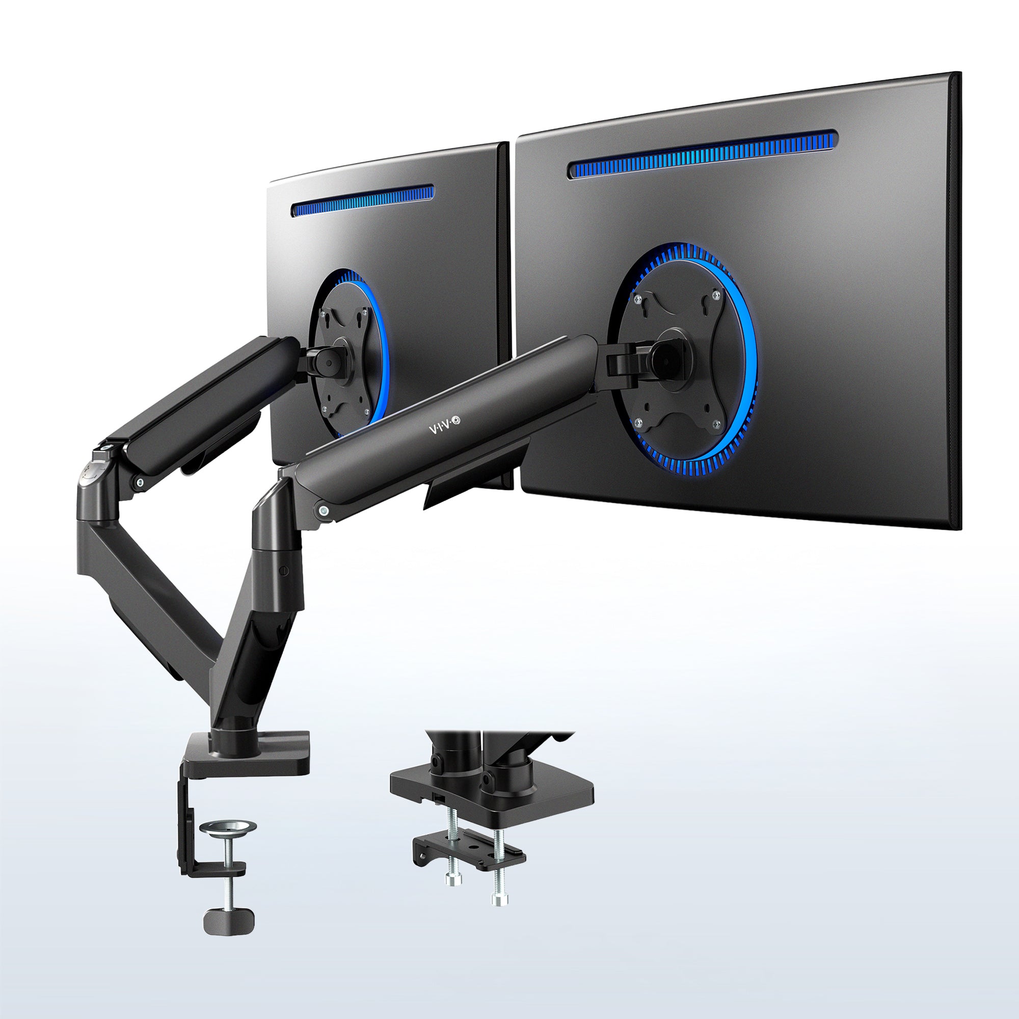 Sturdy adjustable mechanical arm dual monitor ergonomic desk stand for office workstation.