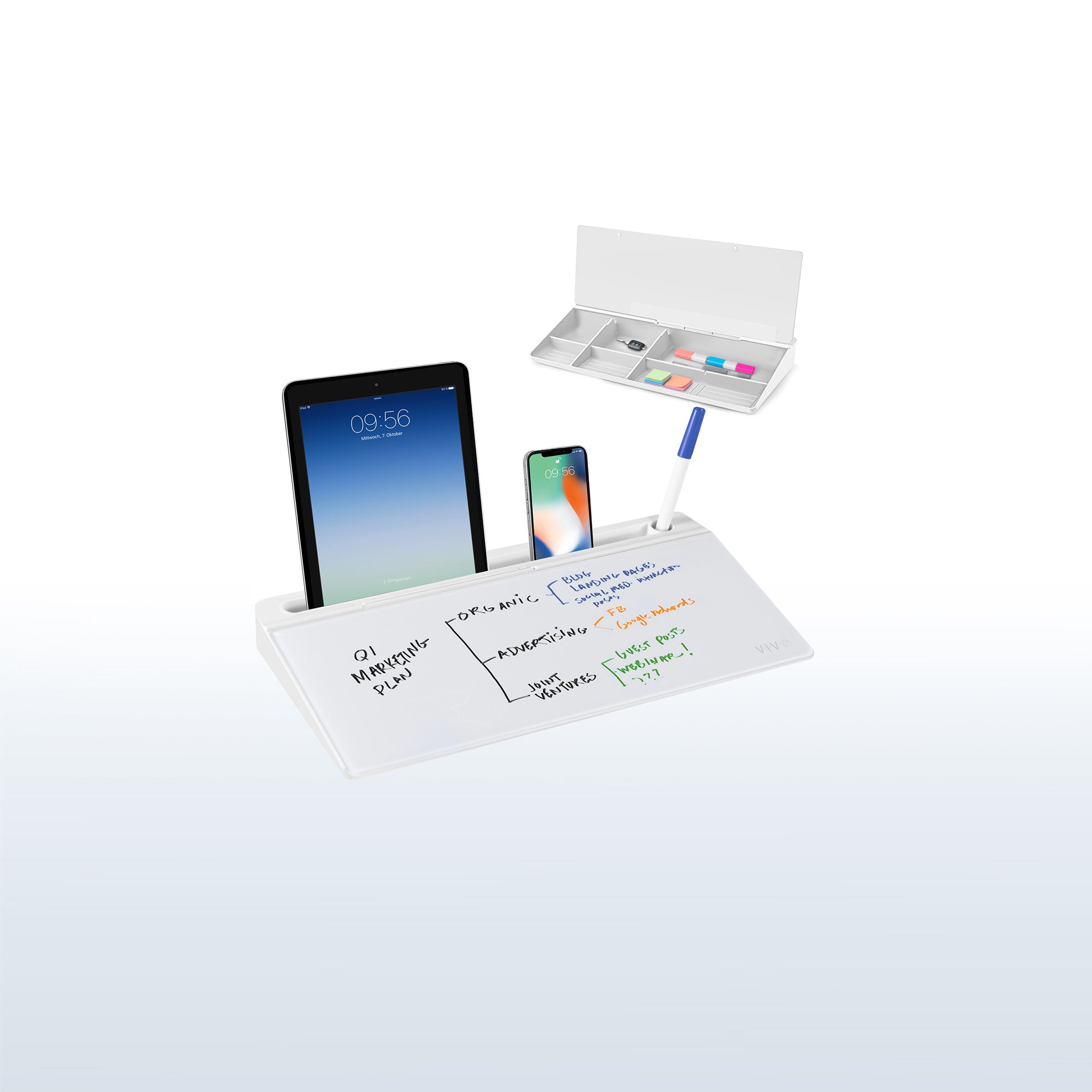 Whiteboard storage compartment with a dry-erase and magnetic surface.
