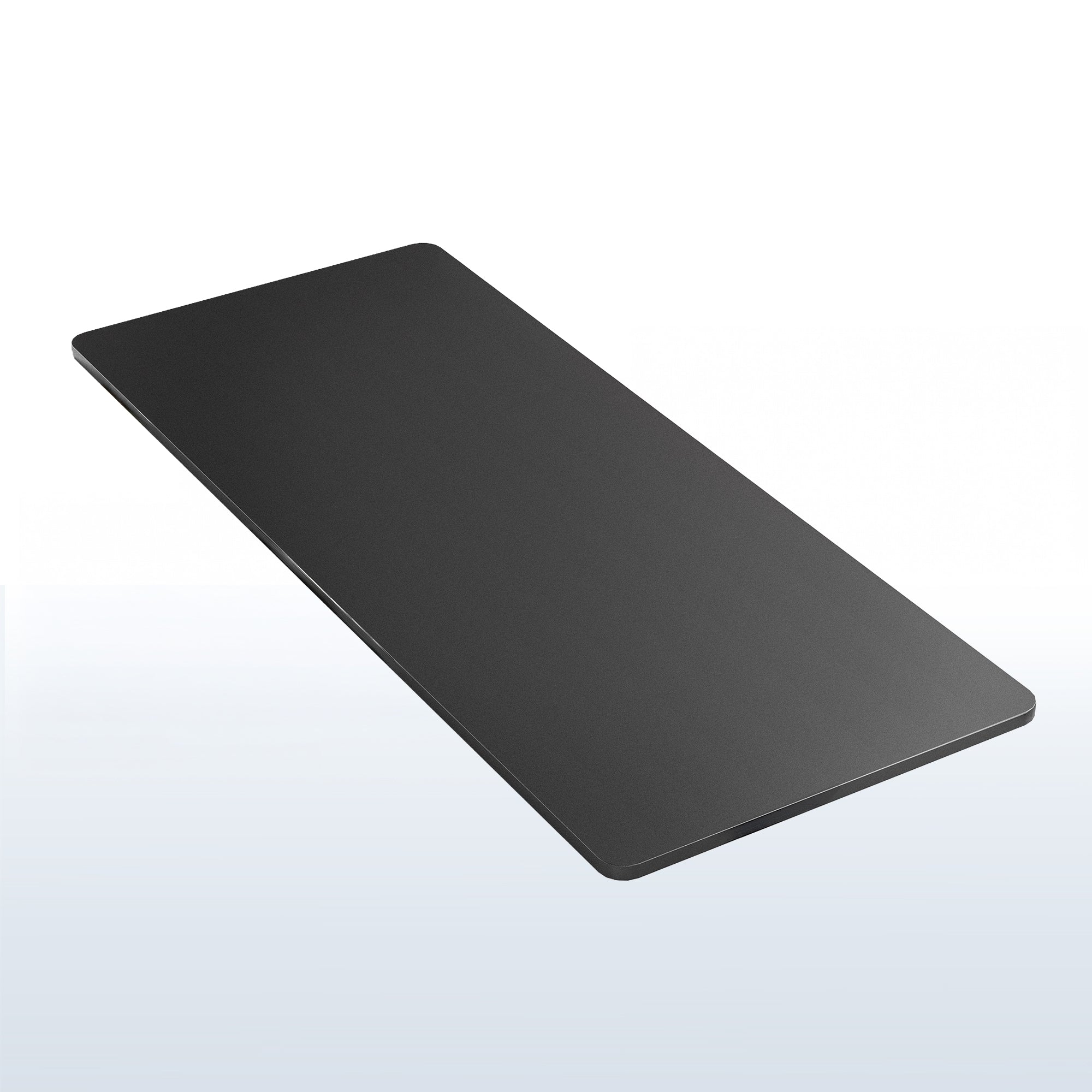 Black, one piece desk top on a white and blue gradient background