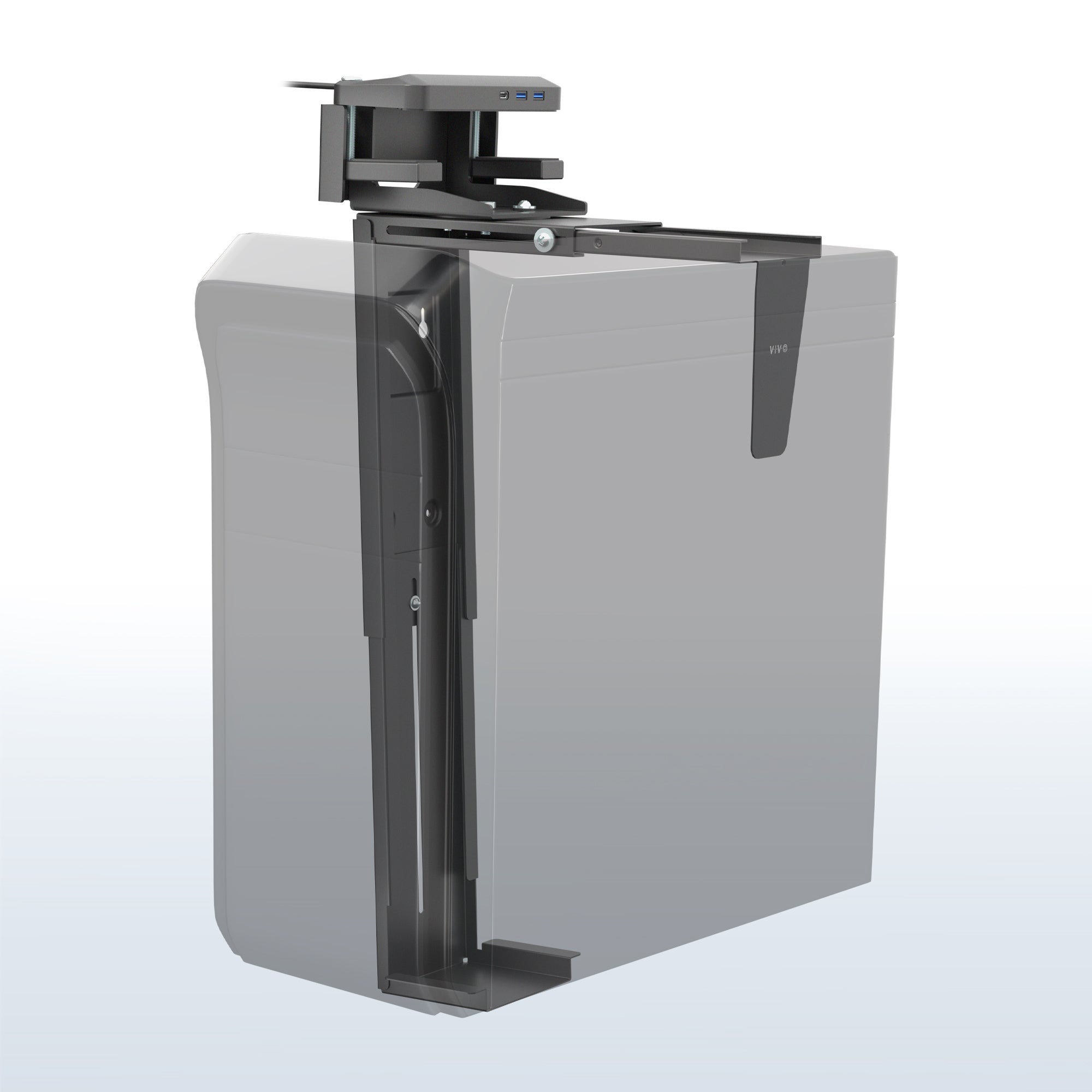 Large Clamp-on Desk and Wall PC Mount with USB on a blue and white gradient backgroun