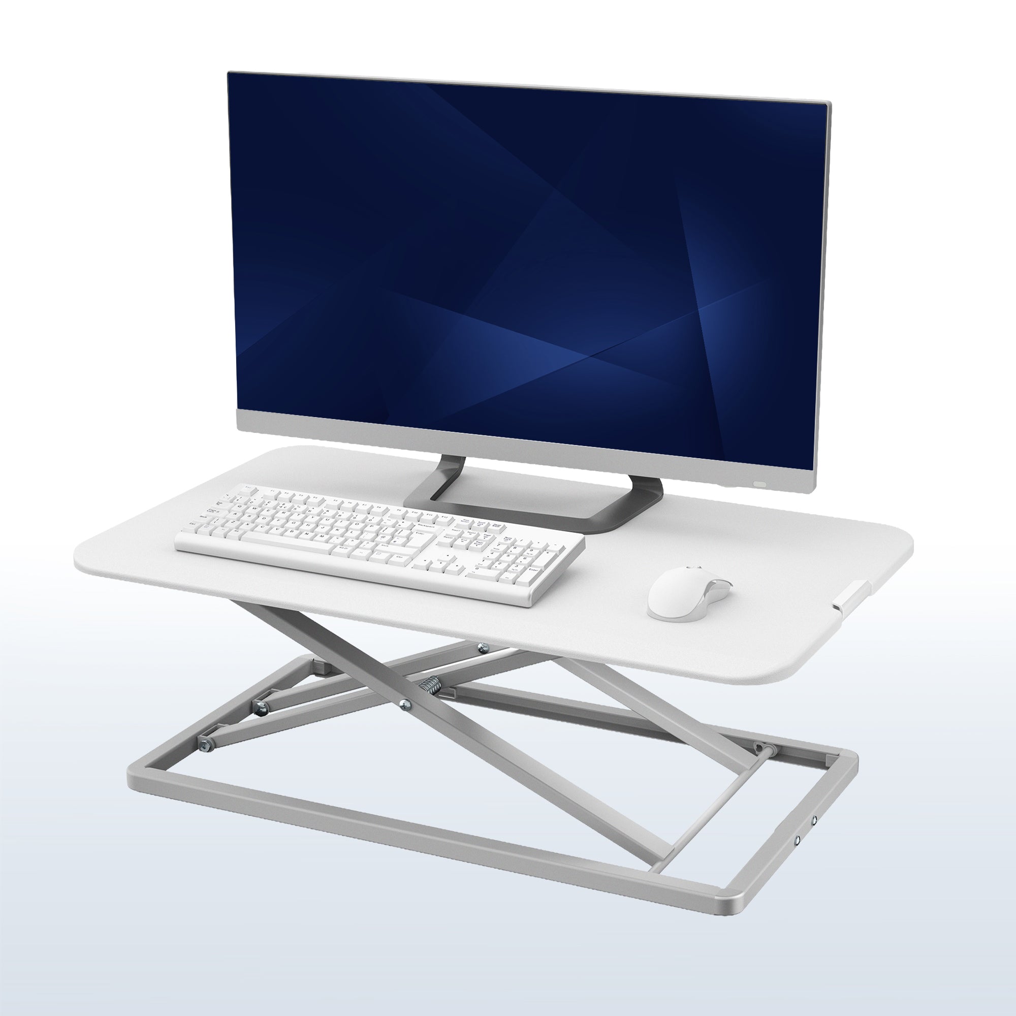 White heavy-duty height adjustable desk converter monitor riser.