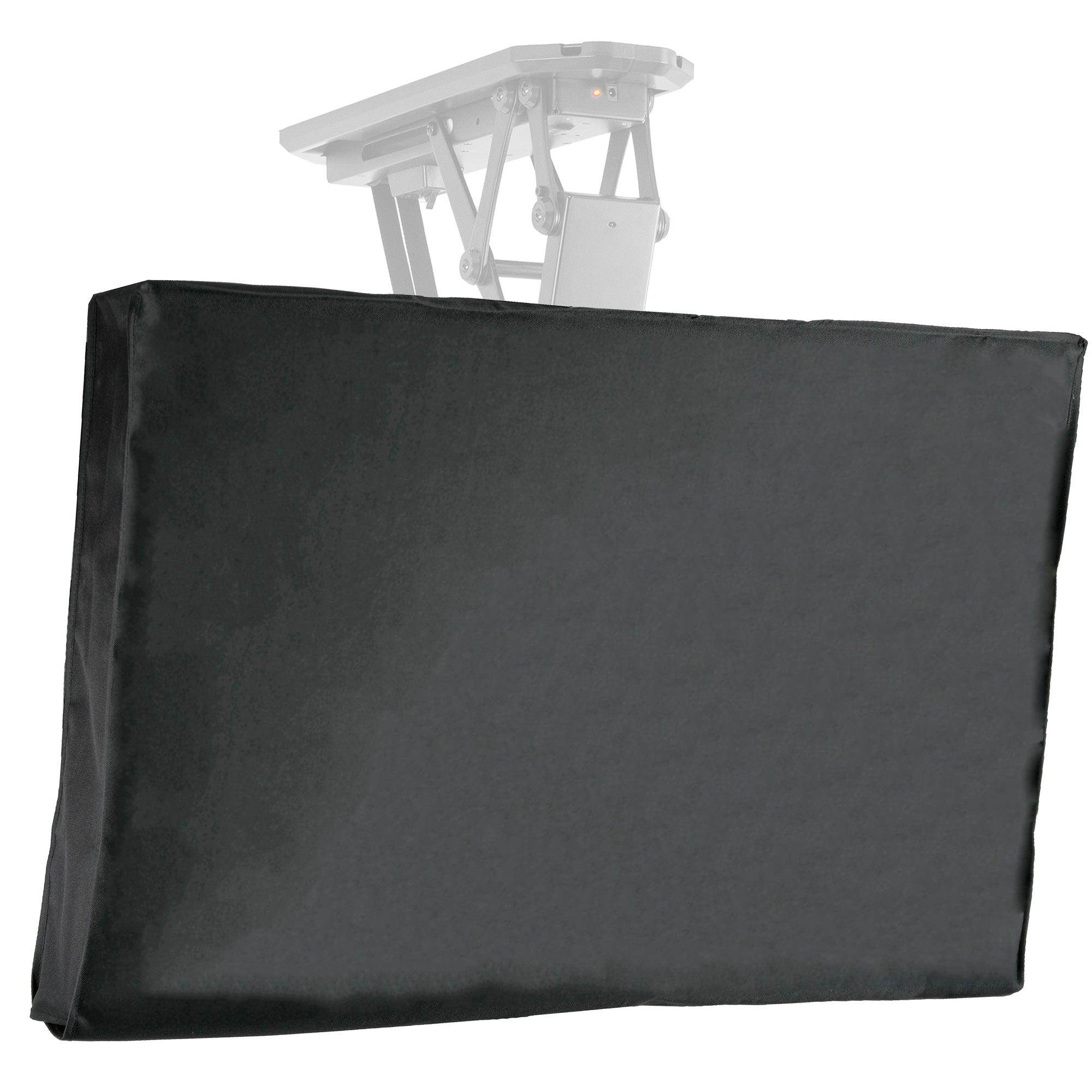 A black TV cover fitted over a ceiling mount TV with a visible mounting mechanism.