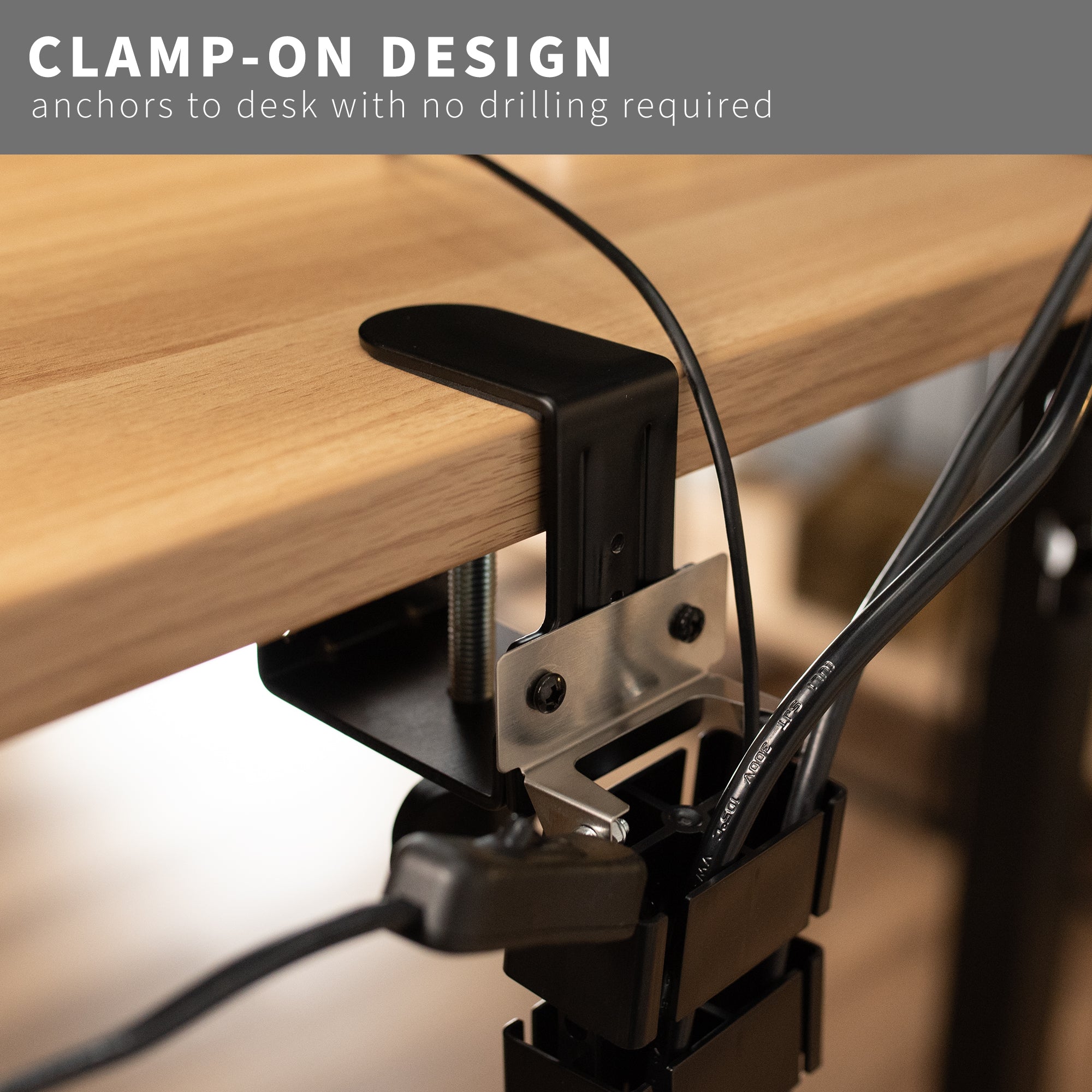 Clamp-on vertebrae cable management that anchors to desk with no drilling required.