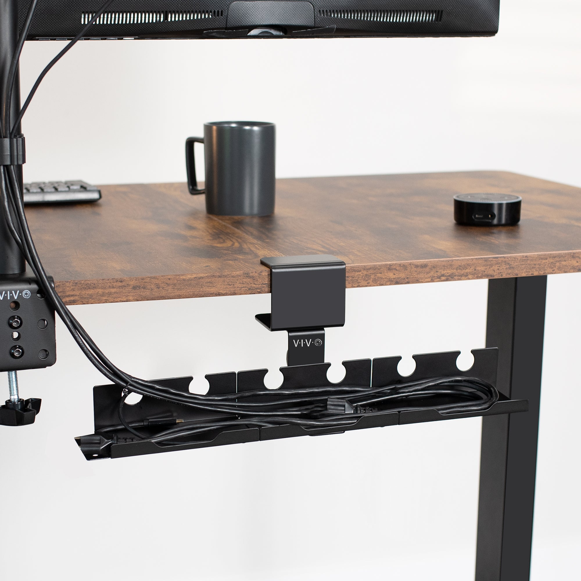 Steel 19 inch Clamp-on Modular Power Strip Tray System for Desk, No Drill Cable Management Workspace Organizer, Clean Cord Routing, Open Design for Ventilation