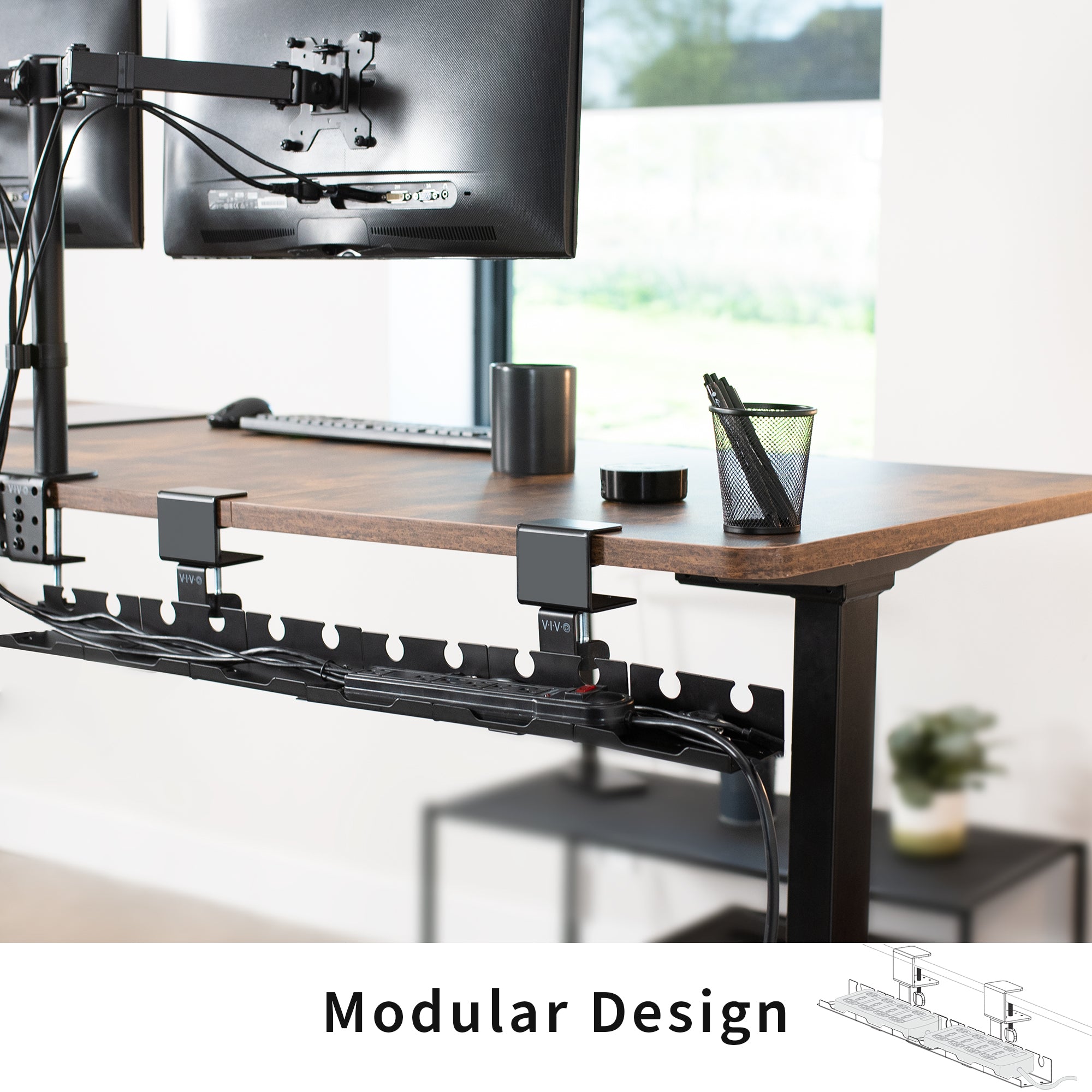 Steel 19 inch Clamp-on Modular Power Strip Tray System for Desk, No Drill Cable Management Workspace Organizer, Clean Cord Routing, Open Design for Ventilation