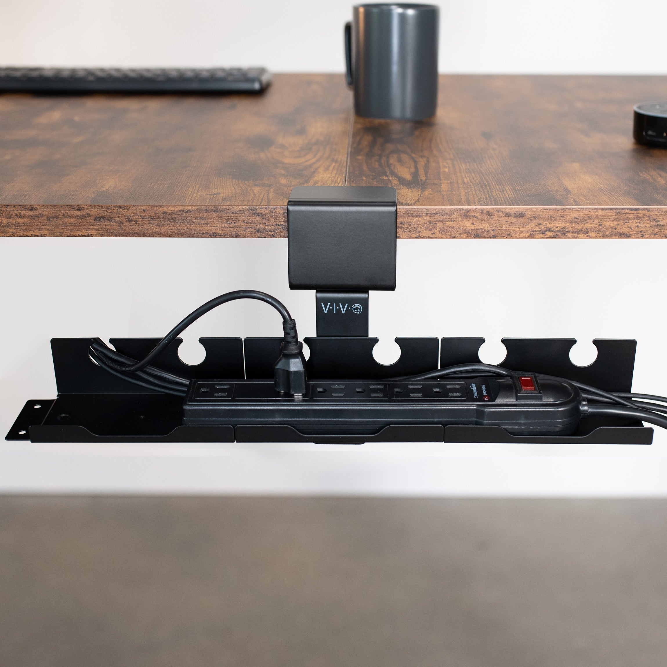 Steel 19 inch Clamp-on Modular Power Strip Tray System for Desk, No Drill Cable Management Workspace Organizer, Clean Cord Routing, Open Design for Ventilation