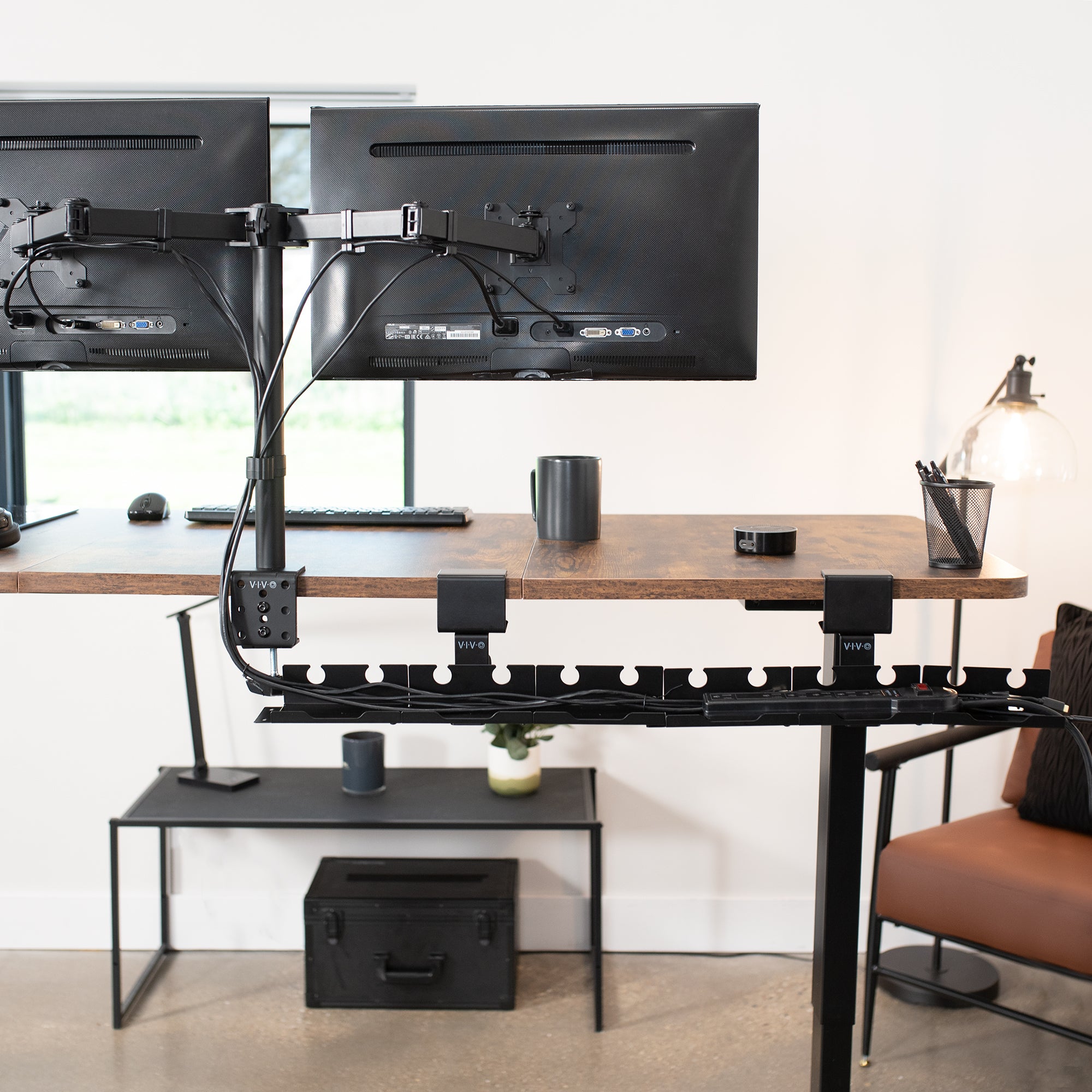 Steel 19 inch Clamp-on Modular Power Strip Tray System for Desk, No Drill Cable Management Workspace Organizer, Clean Cord Routing, Open Design for Ventilation