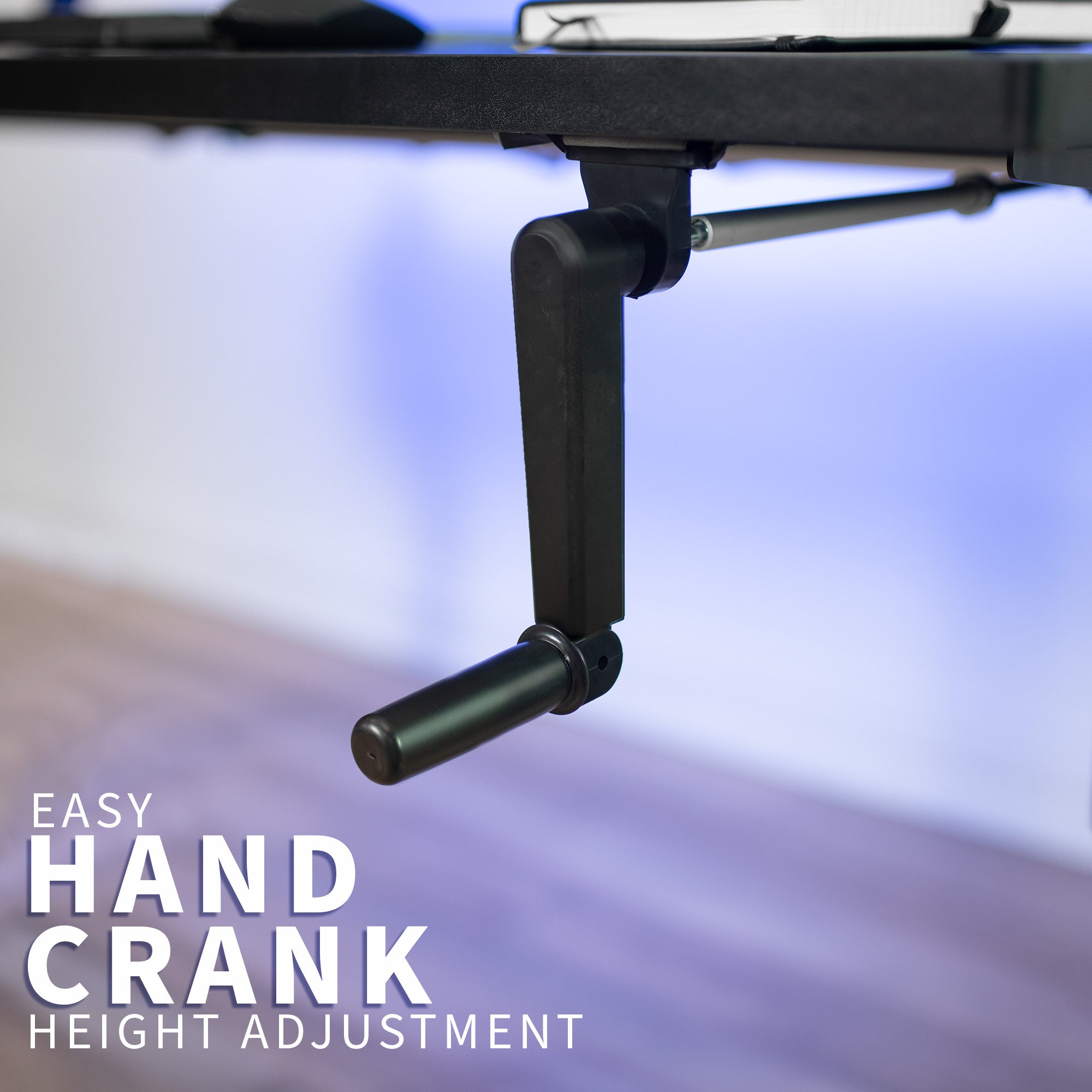 Easy hand crank height adjustment to transition from sitting to standing without utilizing electricity.